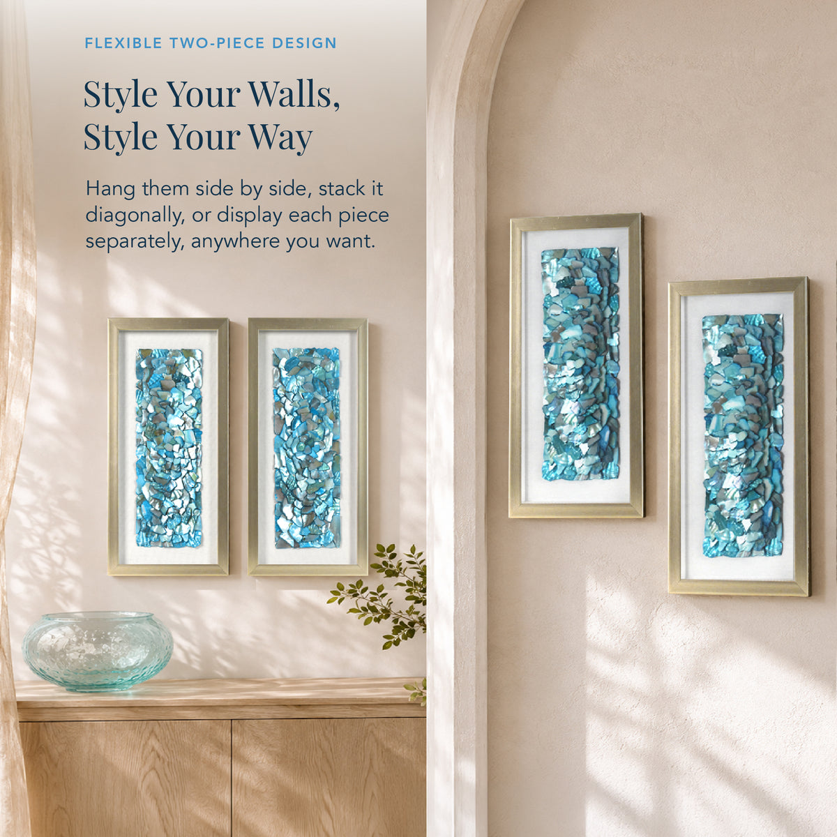 2-pc Sea Glass Shell Wall Art Set - Coastal Aqua & Teal Shadowbox Decor