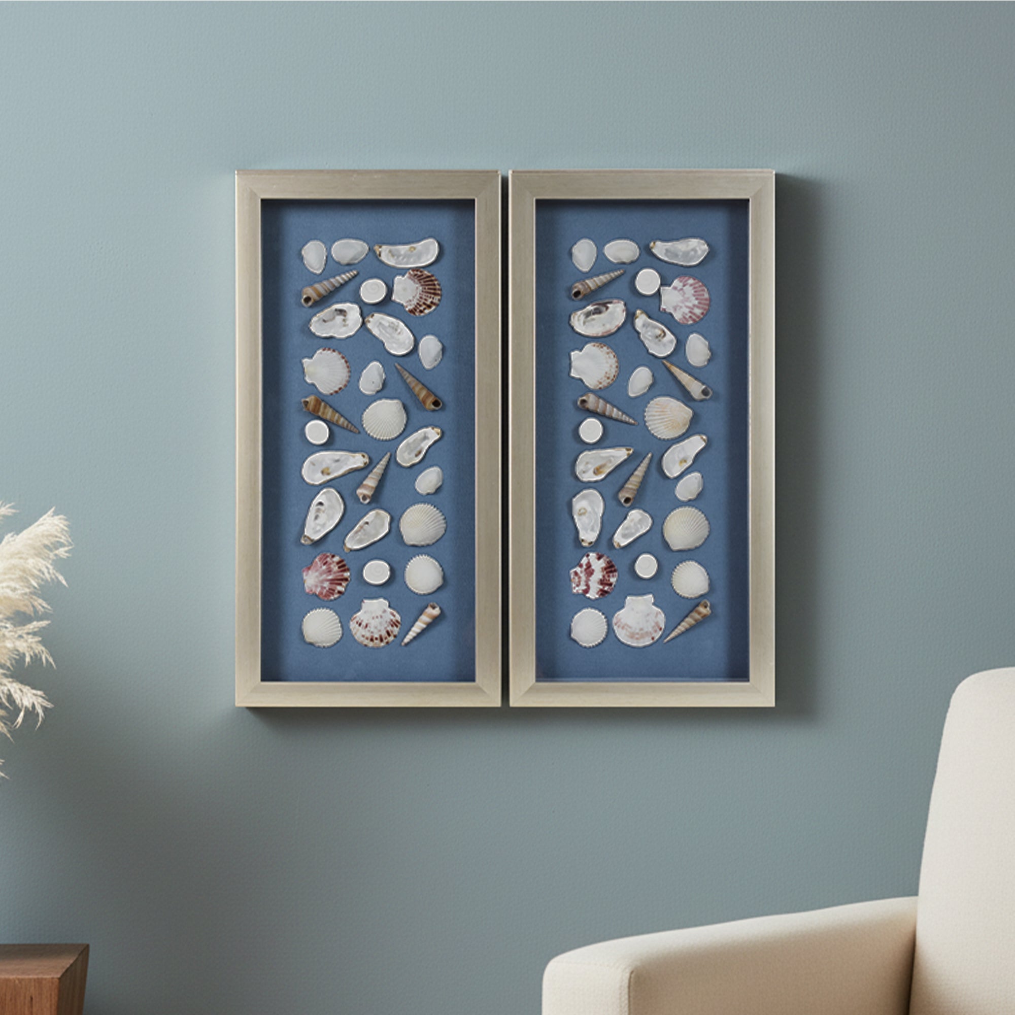 2-pc Mixed Seashell Shadowbox Framed Wall Art - Blue Linen Coastal Decor