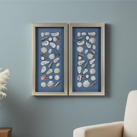2-pc Mixed Seashell Shadowbox Framed Wall Art - Blue Linen Coastal Decor
