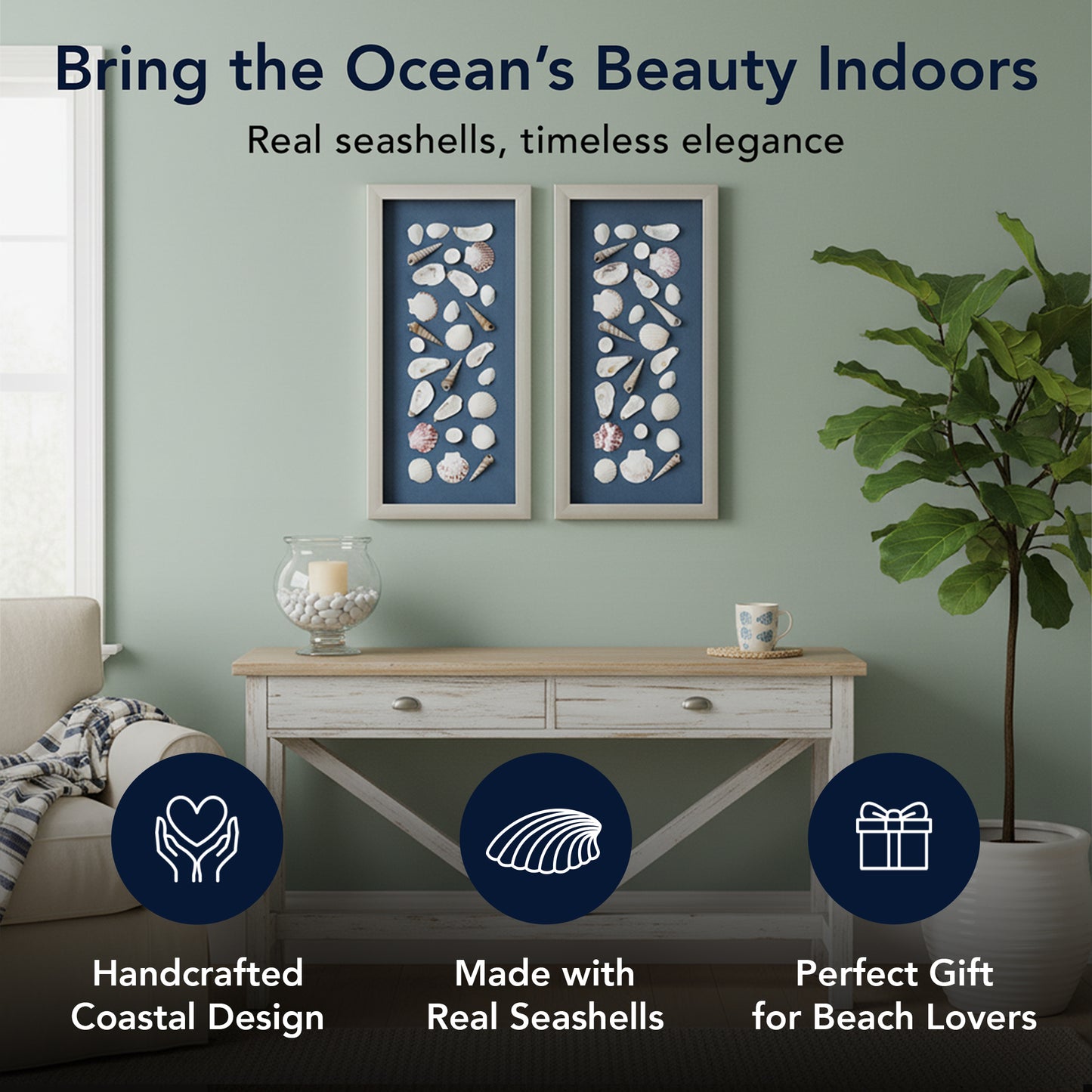 2-pc Mixed Seashell Shadowbox Framed Wall Art - Blue Linen Coastal Decor