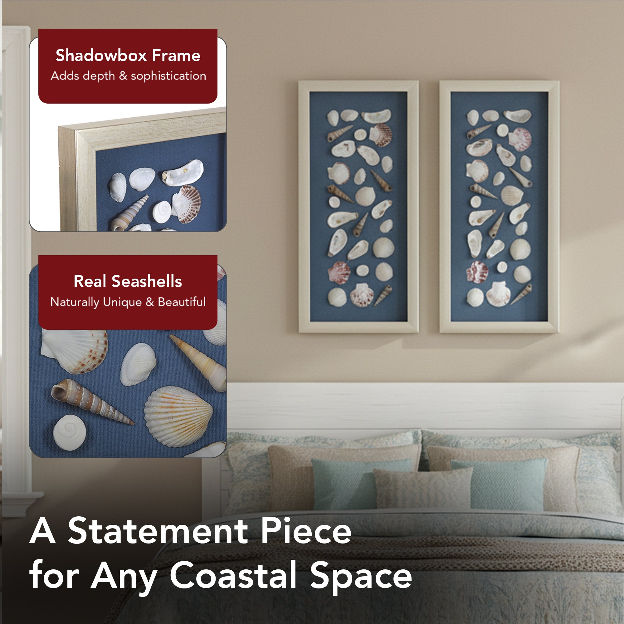 2-pc Mixed Seashell Shadowbox Framed Wall Art - Blue Linen Coastal Decor