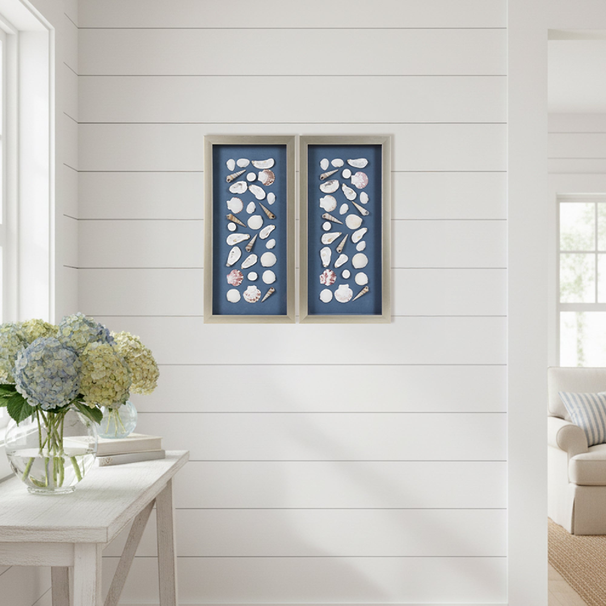 2-pc Mixed Seashell Shadowbox Framed Wall Art - Blue Linen Coastal Decor