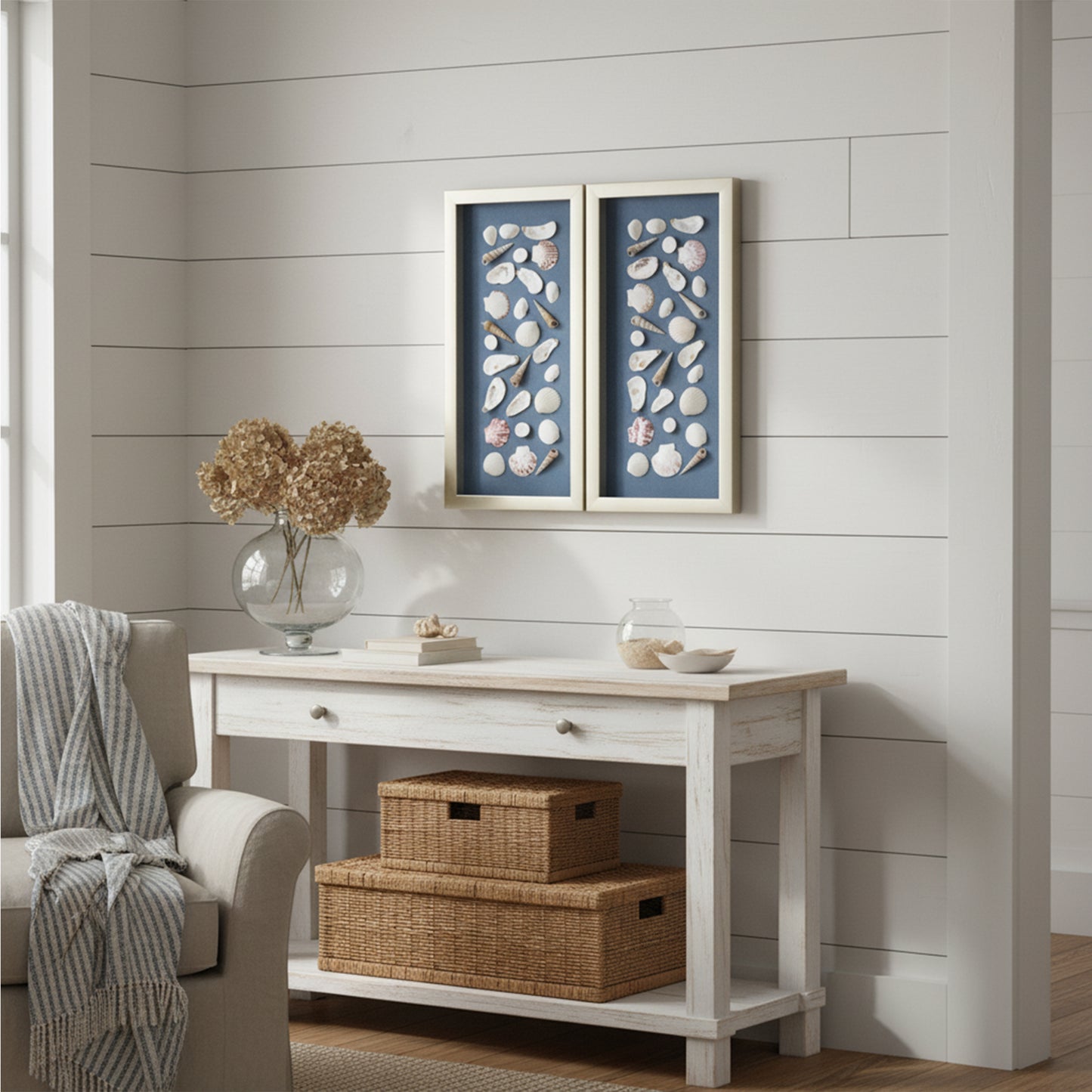 2-pc Mixed Seashell Shadowbox Framed Wall Art - Blue Linen Coastal Decor
