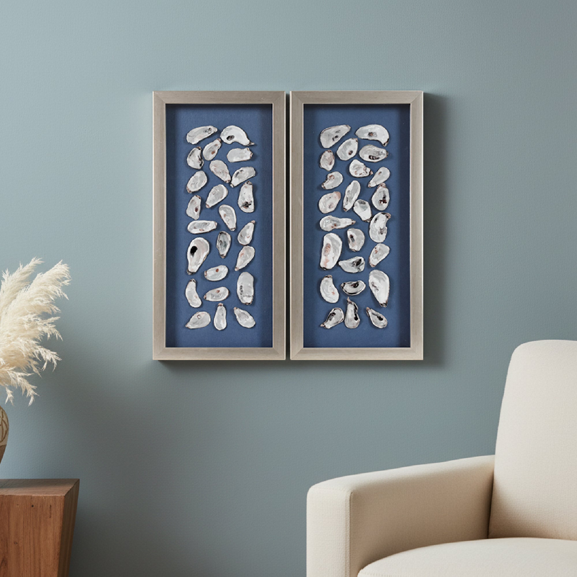 2-pc Oyster Shell Shadowbox Framed Wall Art - Blue Linen Coastal Decor