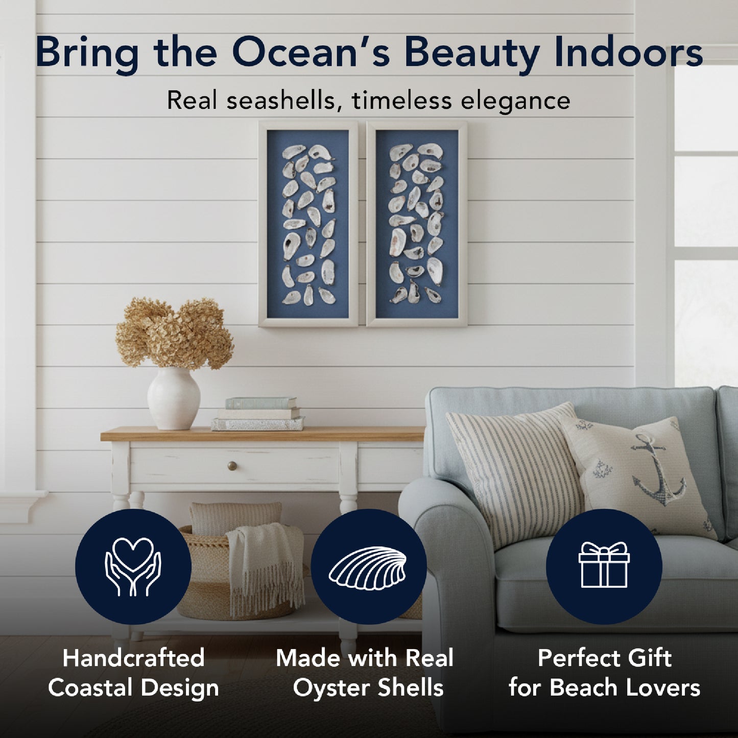 2-pc Oyster Shell Shadowbox Framed Wall Art - Blue Linen Coastal Decor