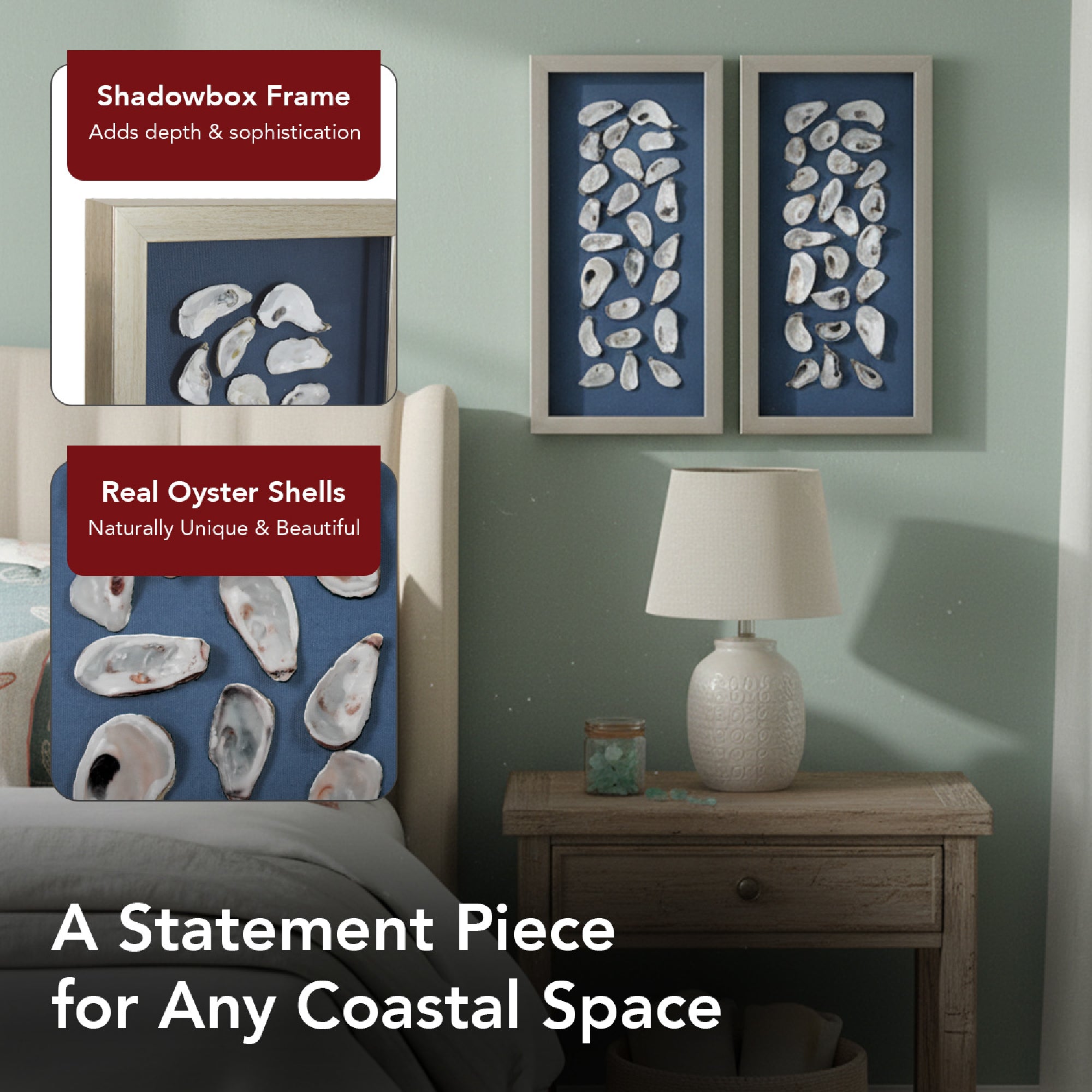 2-pc Oyster Shell Shadowbox Framed Wall Art - Blue Linen Coastal Decor