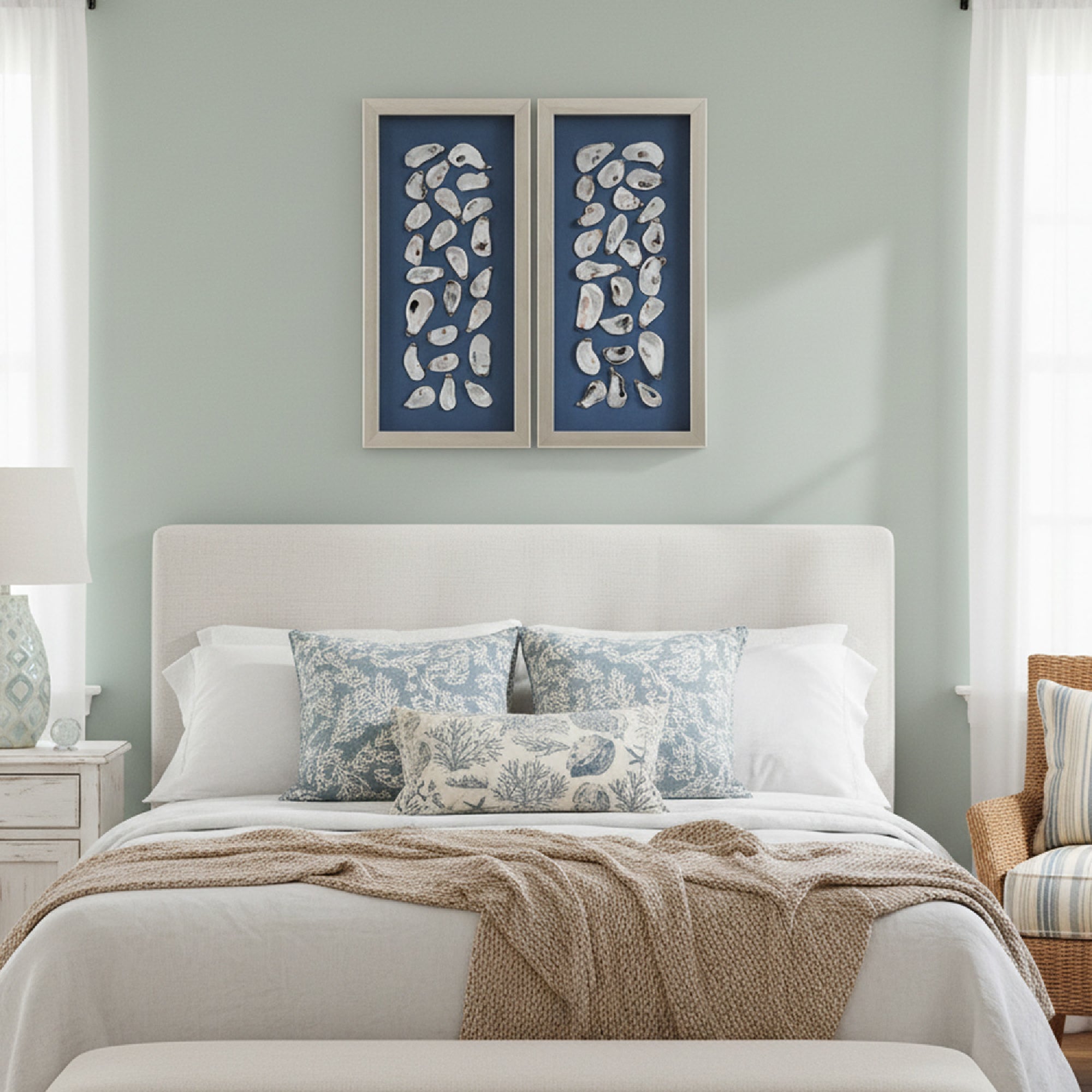 2-pc Oyster Shell Shadowbox Framed Wall Art - Blue Linen Coastal Decor