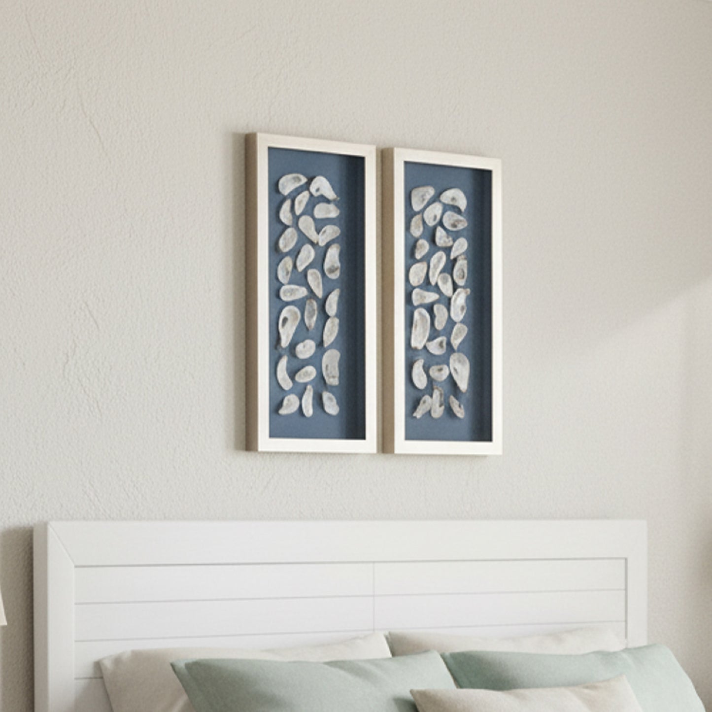 2-pc Oyster Shell Shadowbox Framed Wall Art - Blue Linen Coastal Decor