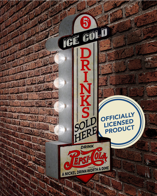 Vintage Pepsi double-sided LED wall plaque with gas pump design and marquee bulbs, ideal for man cave, bar, garage, or game room retro decor display.