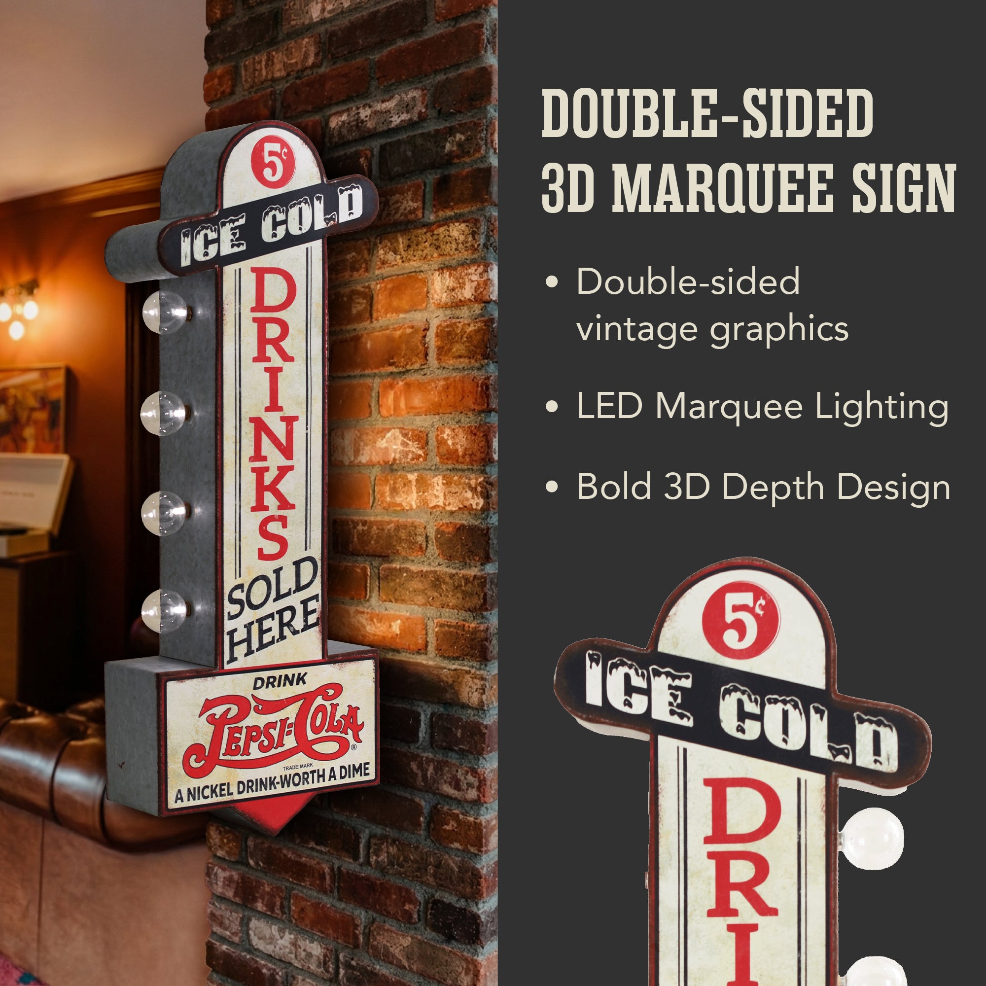 Pepsi Vintage Double-Sided LED Bottle Wall Sign Retro Decor