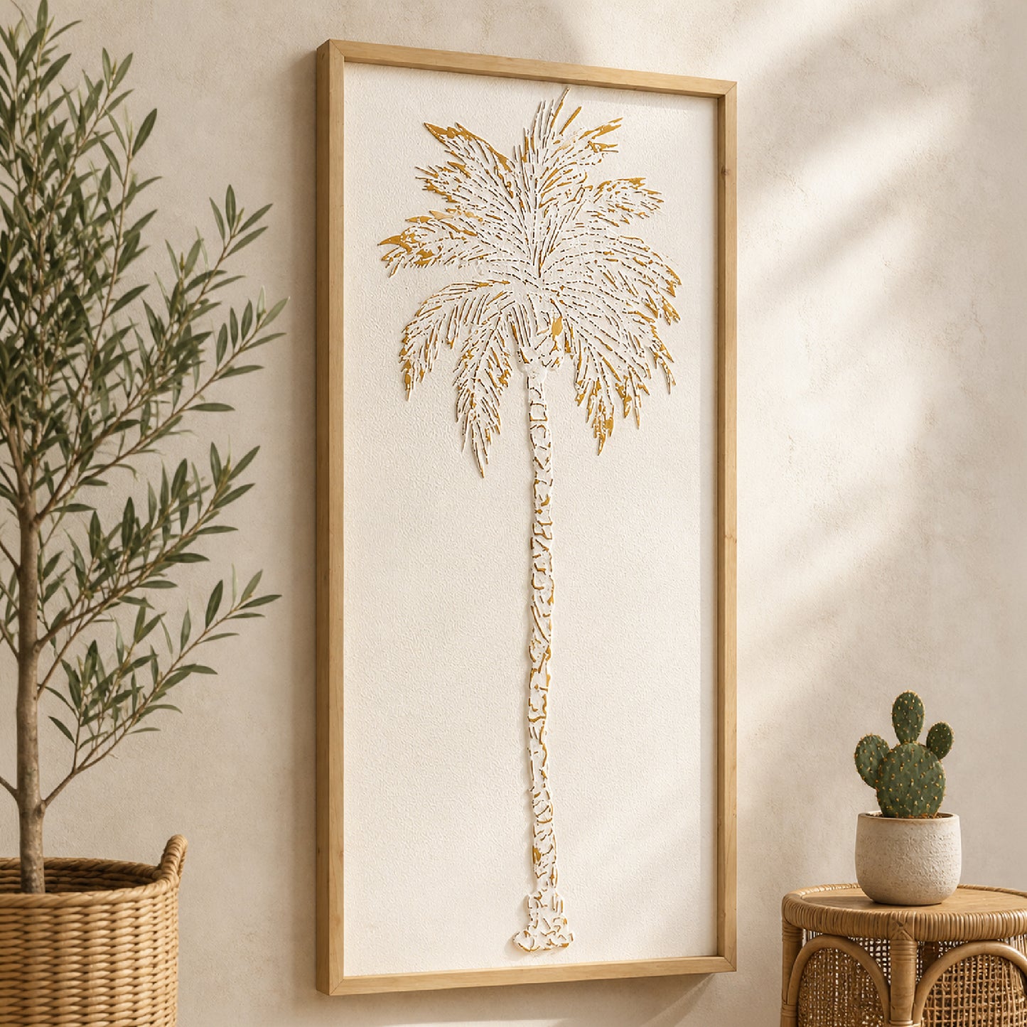 A tall white and gold embossed metal palm tree wall art with textured 3D detailing in a light wood frame, styled as coastal boho decor for living room, bathroom, or bedroom walls.