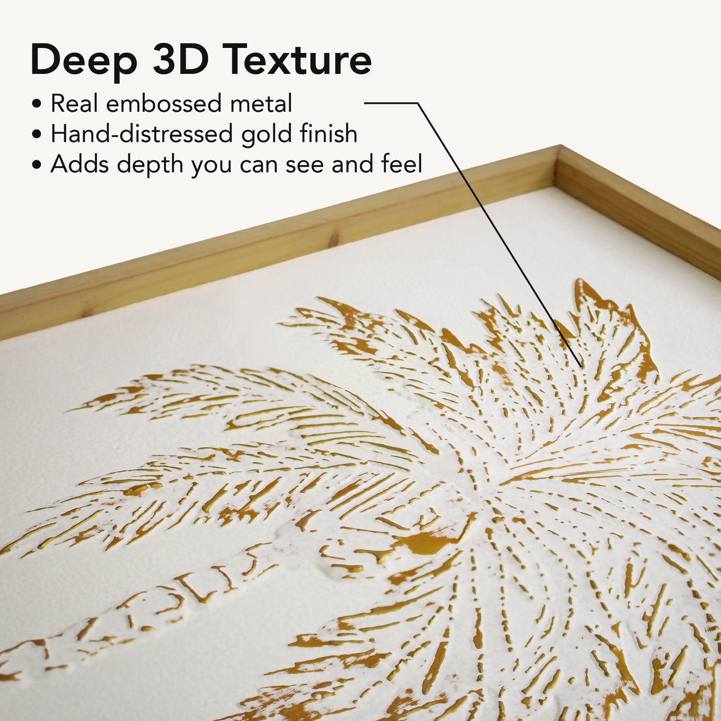 A tall white and gold embossed metal palm tree wall art with textured 3D detailing in a light wood frame, styled as coastal boho decor for living room, bathroom, or bedroom walls.