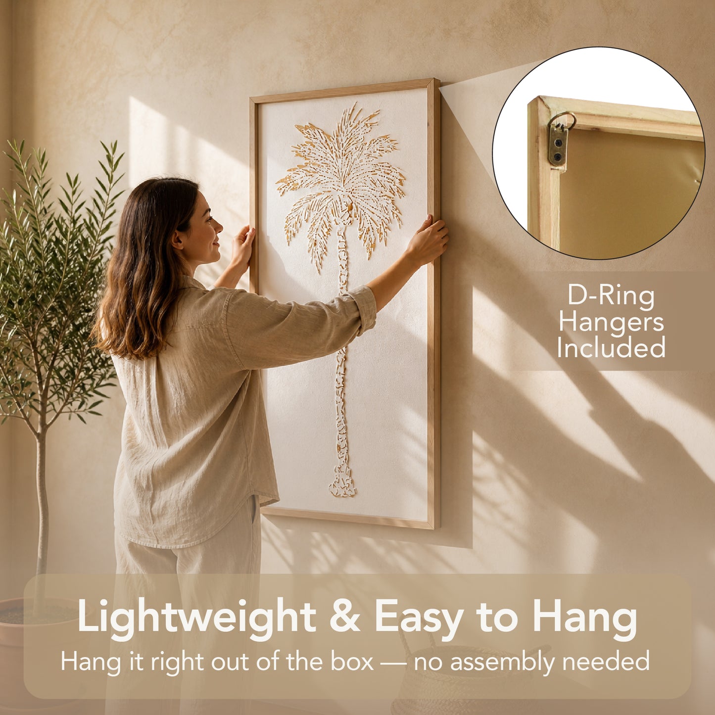A tall white and gold embossed metal palm tree wall art with textured 3D detailing in a light wood frame, styled as coastal boho decor for living room, bathroom, or bedroom walls.