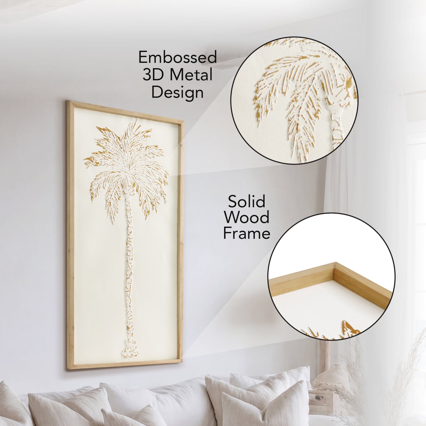 A tall white and gold embossed metal palm tree wall art with textured 3D detailing in a light wood frame, styled as coastal boho decor for living room, bathroom, or bedroom walls.