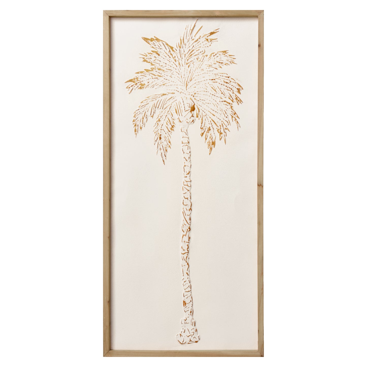 A tall white and gold embossed metal palm tree wall art with textured 3D detailing in a light wood frame, styled as coastal boho decor for living room, bathroom, or bedroom walls.