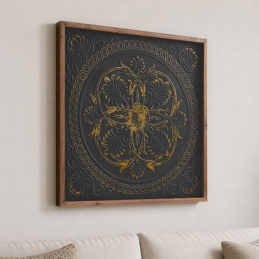 Black and gold embossed metal medallion wall art with intricate 3D detailing in a warm wood frame, styled as luxury boho farmhouse decor for living room or bedroom walls.