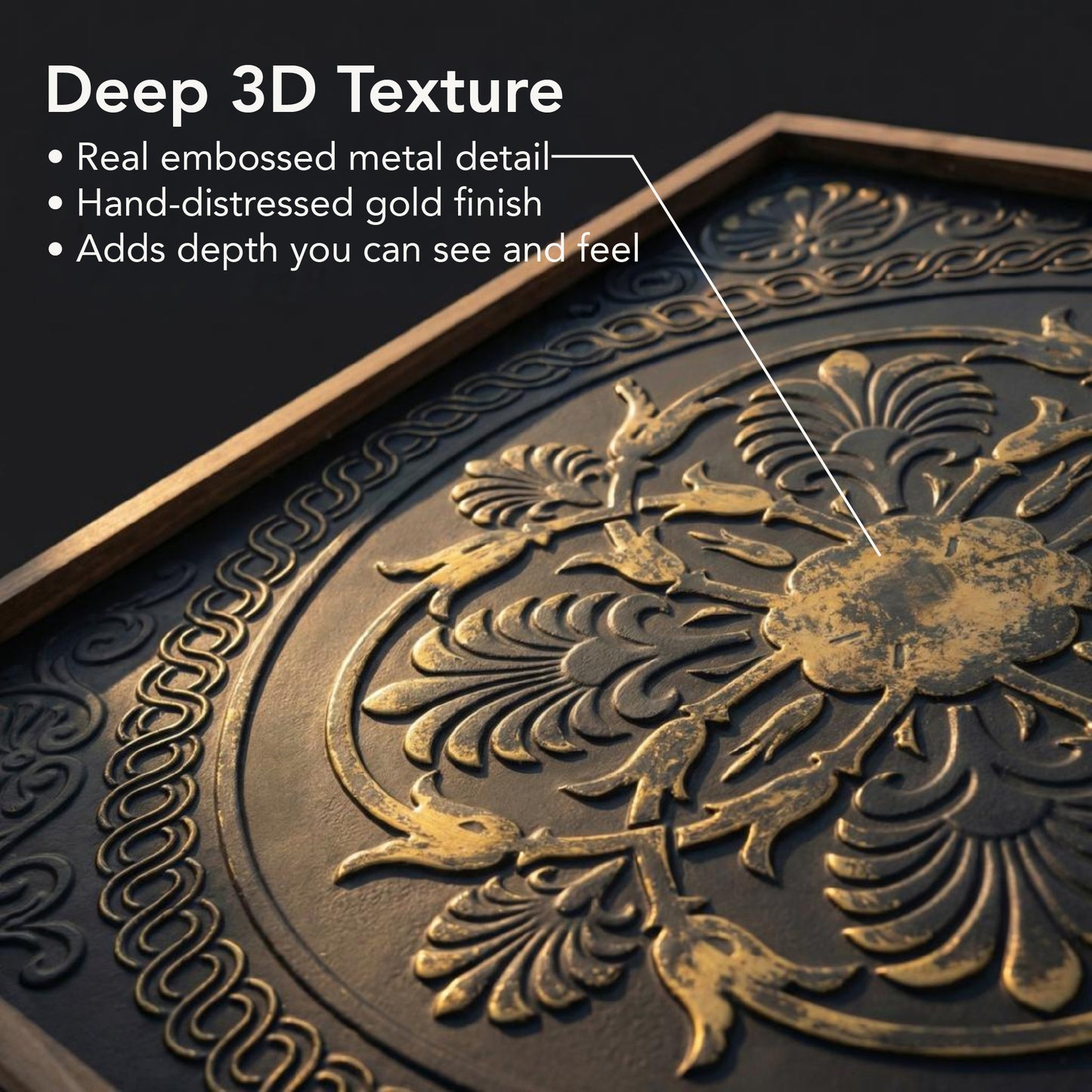 Black and gold embossed metal medallion wall art with intricate 3D detailing in a warm wood frame, styled as luxury boho farmhouse decor for living room or bedroom walls.