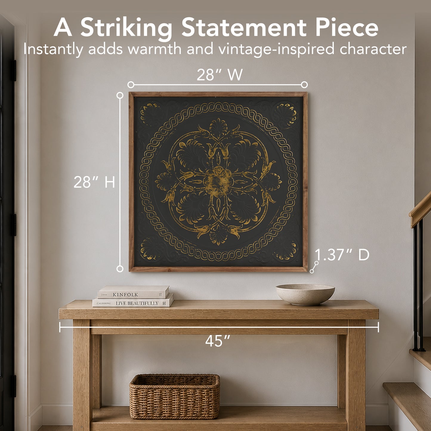 Black and gold embossed metal medallion wall art with intricate 3D detailing in a warm wood frame, styled as luxury boho farmhouse decor for living room or bedroom walls.