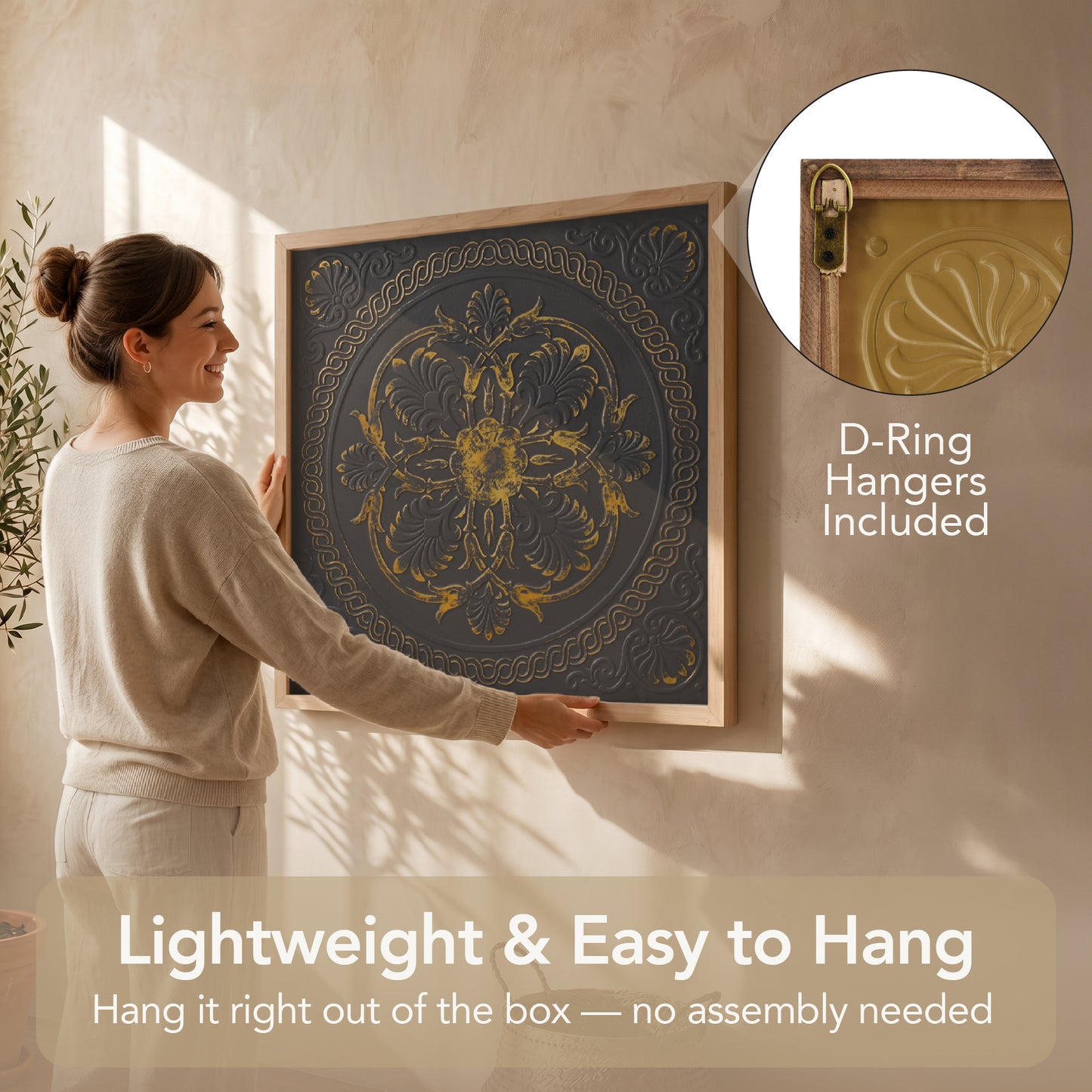 Black and gold embossed metal medallion wall art with intricate 3D detailing in a warm wood frame, styled as luxury boho farmhouse decor for living room or bedroom walls.
