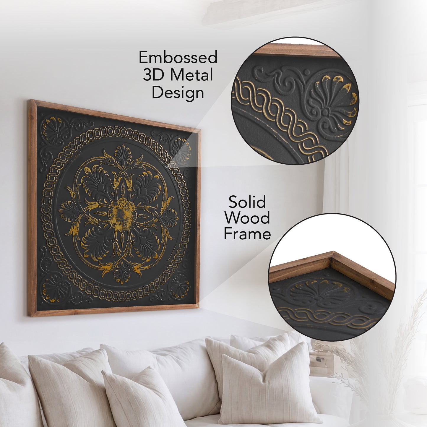 Black and gold embossed metal medallion wall art with intricate 3D detailing in a warm wood frame, styled as luxury boho farmhouse decor for living room or bedroom walls.
