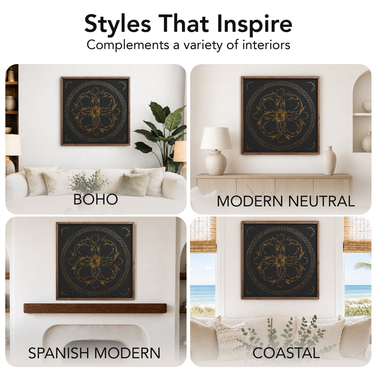 Black and gold embossed metal medallion wall art with intricate 3D detailing in a warm wood frame, styled as luxury boho farmhouse decor for living room or bedroom walls.