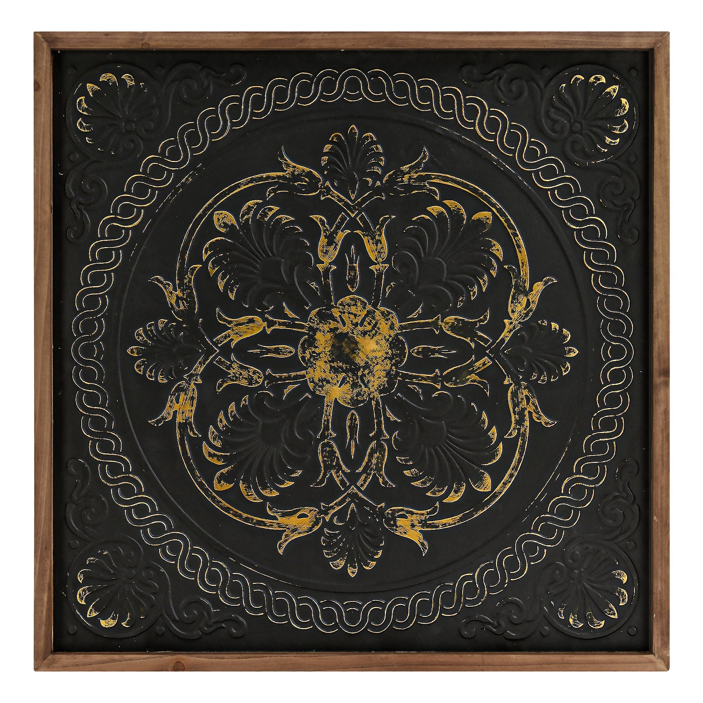 Black and gold embossed metal medallion wall art with intricate 3D detailing in a warm wood frame, styled as luxury boho farmhouse decor for living room or bedroom walls.