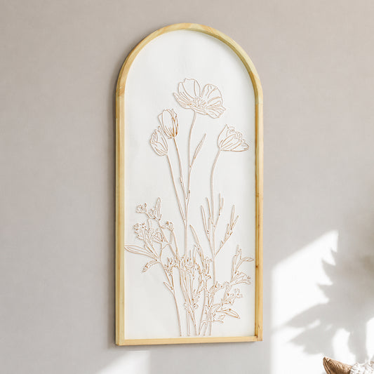 White and gold embossed floral wall art in an arched frame with 3D metal detailing, styled as neutral boho coastal decor for living room, bedroom, bathroom, or hallway.