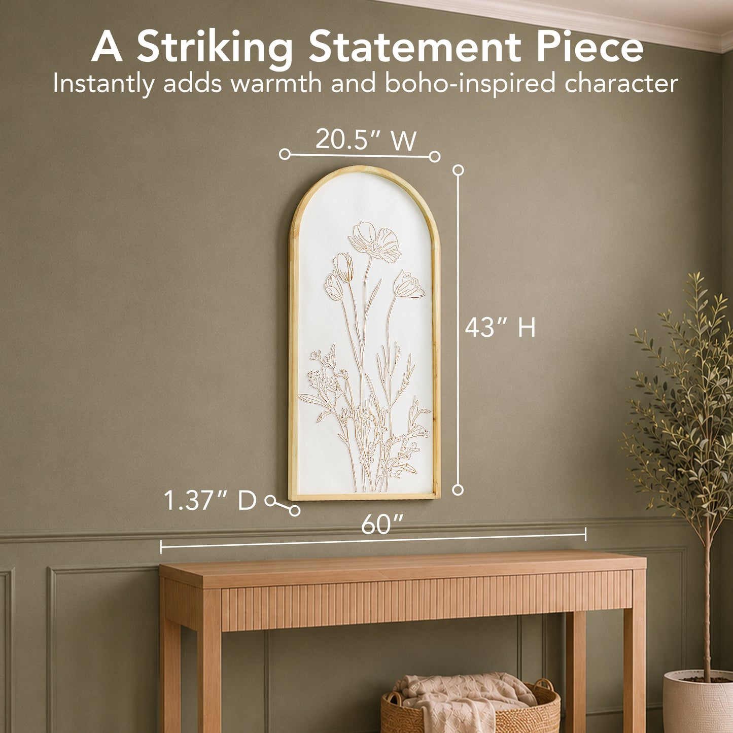 White and gold embossed floral wall art in an arched frame with 3D metal detailing, styled as neutral boho coastal decor for living room, bedroom, bathroom, or hallway.