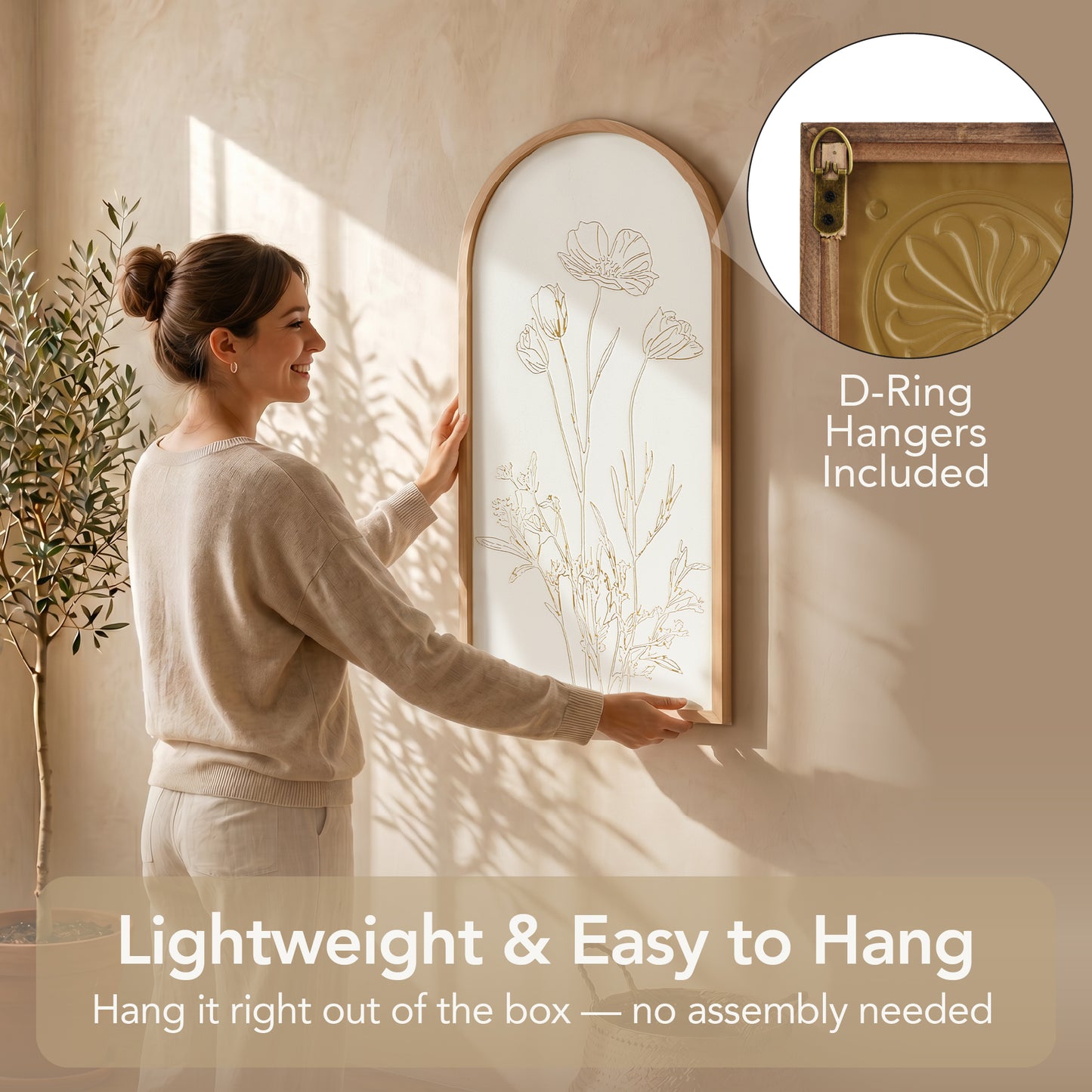White and gold embossed floral wall art in an arched frame with 3D metal detailing, styled as neutral boho coastal decor for living room, bedroom, bathroom, or hallway.