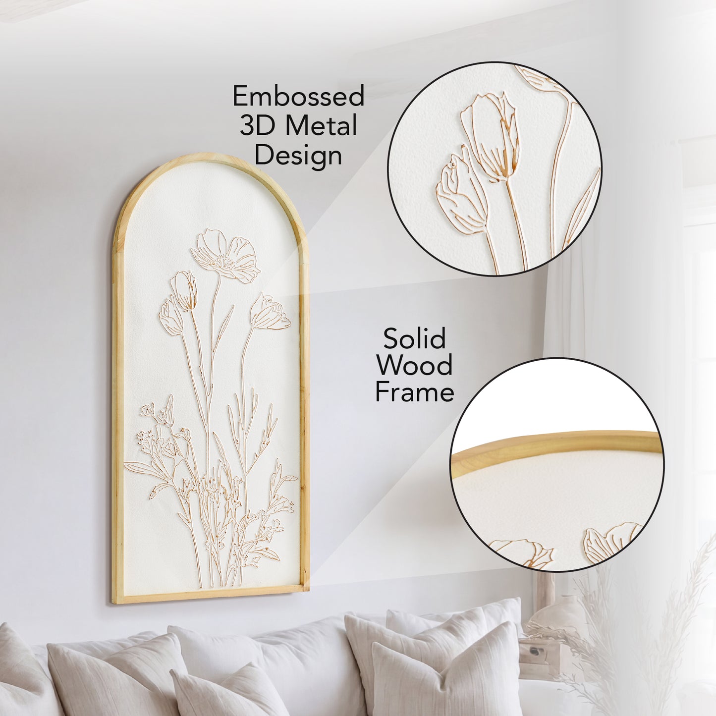 White and gold embossed floral wall art in an arched frame with 3D metal detailing, styled as neutral boho coastal decor for living room, bedroom, bathroom, or hallway.