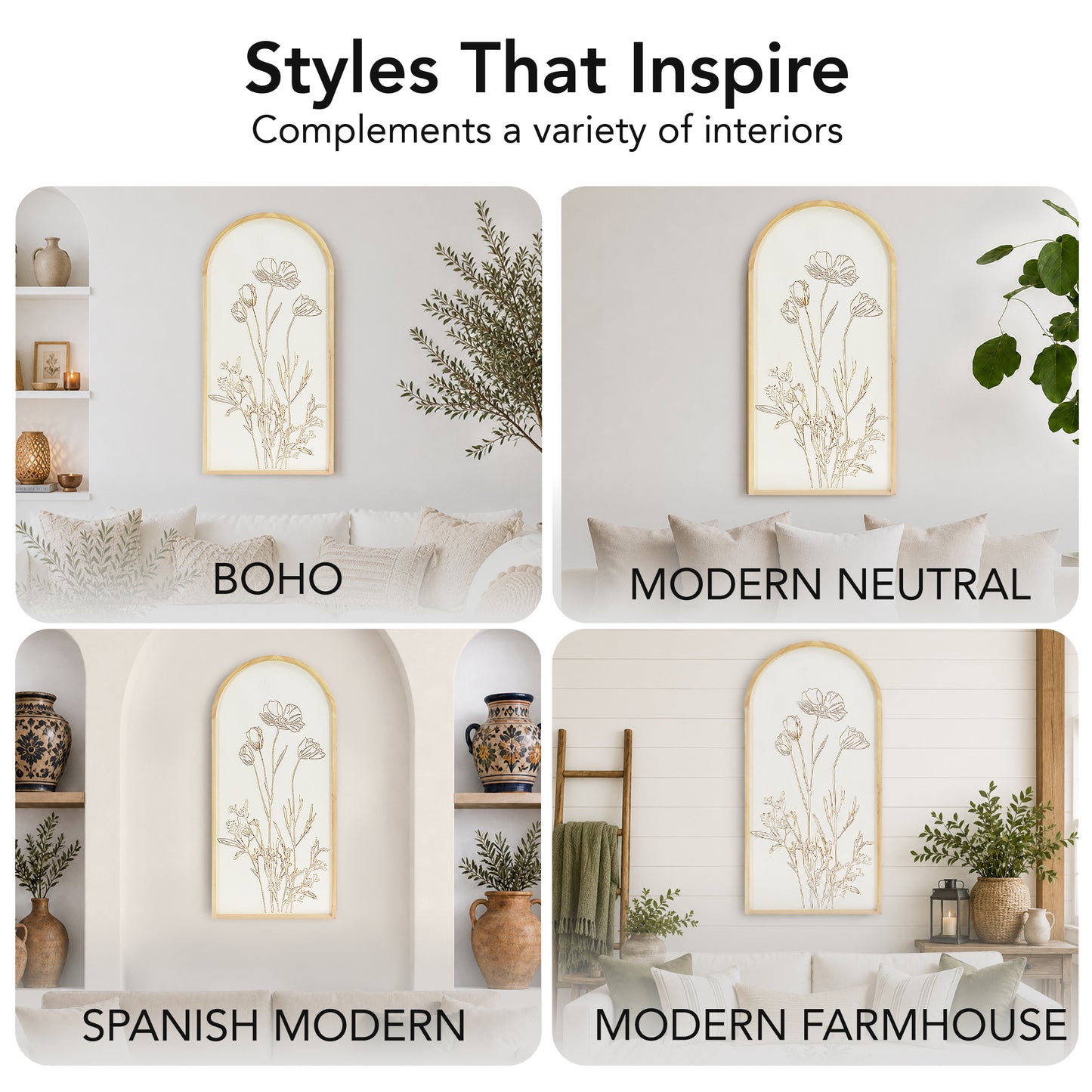 White and gold embossed floral wall art in an arched frame with 3D metal detailing, styled as neutral boho coastal decor for living room, bedroom, bathroom, or hallway.