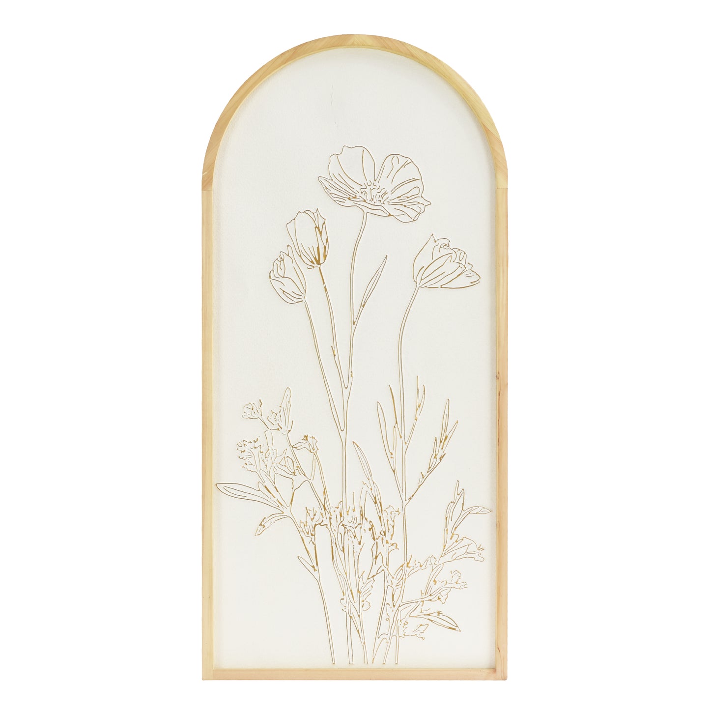 White and gold embossed floral wall art in an arched frame with 3D metal detailing, styled as neutral boho coastal decor for living room, bedroom, bathroom, or hallway.