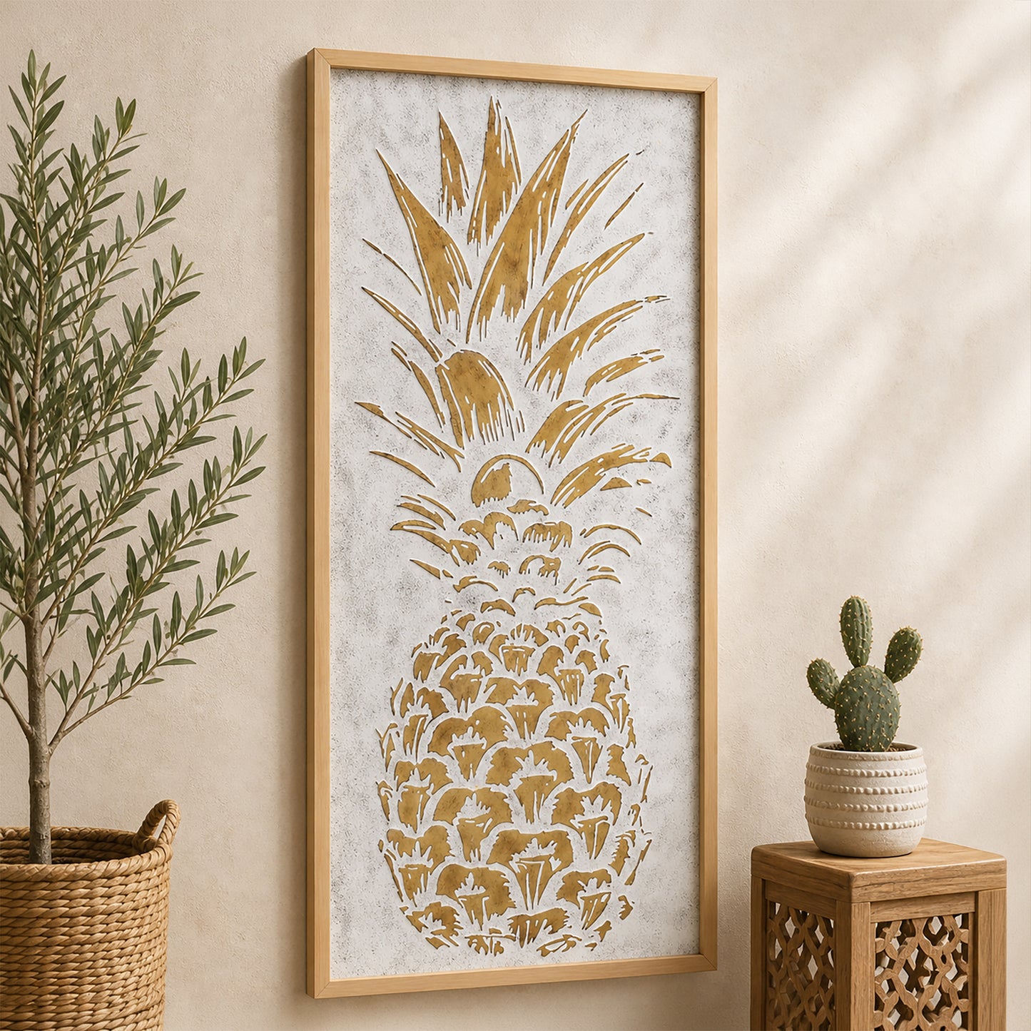 White and gold embossed pineapple wall art with 3D metal detailing in an antique white frame, styled as tropical coastal boho decor for living room, bathroom, bedroom, or beach house.