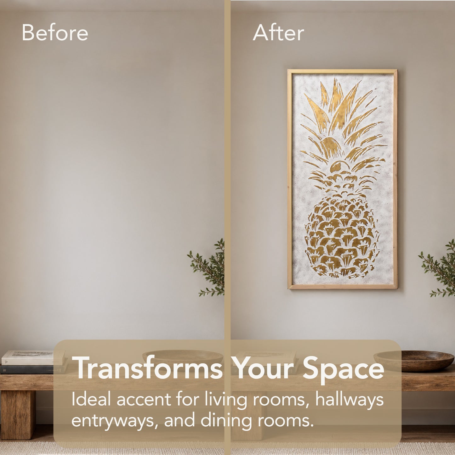 White and gold embossed pineapple wall art with 3D metal detailing in an antique white frame, styled as tropical coastal boho decor for living room, bathroom, bedroom, or beach house.