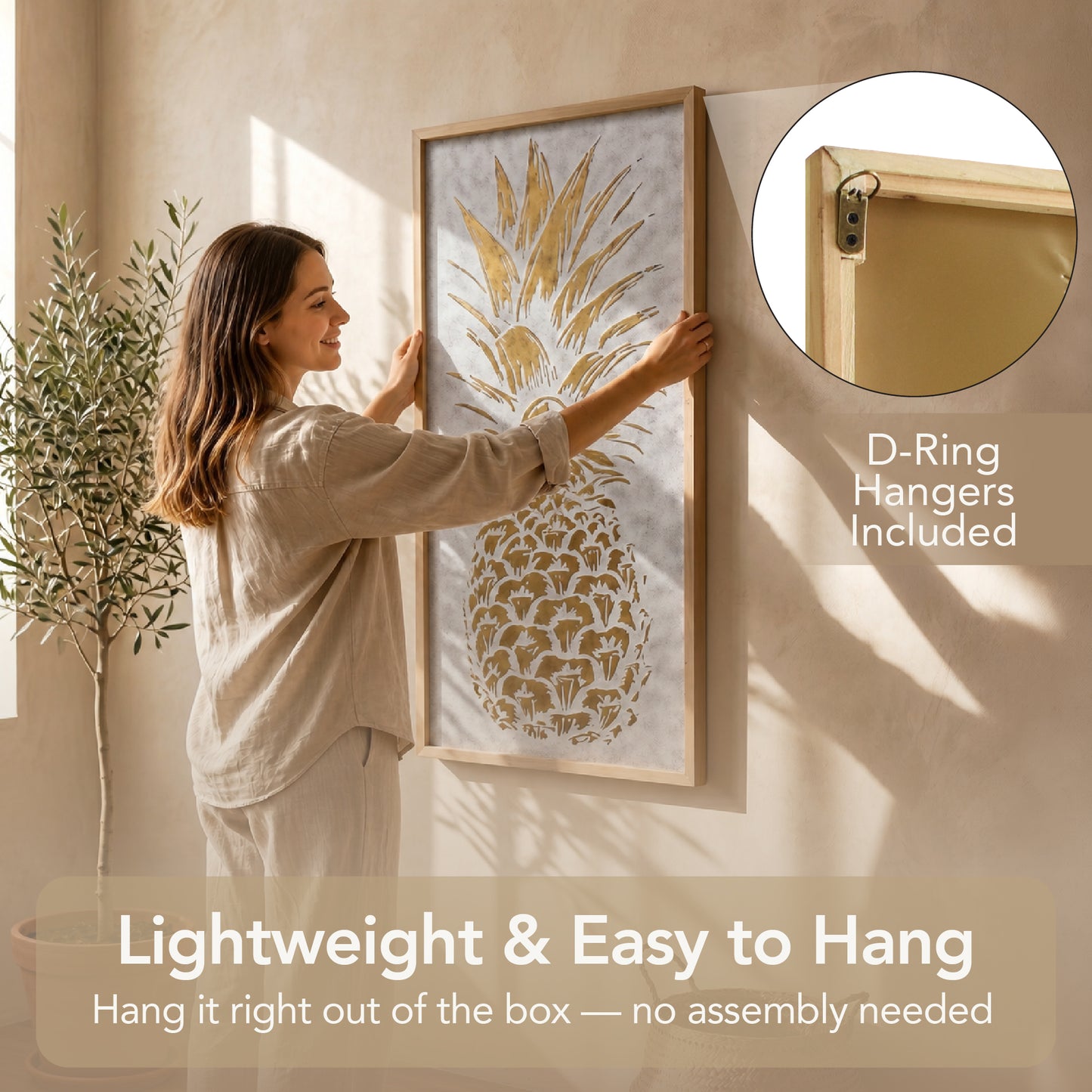 White and gold embossed pineapple wall art with 3D metal detailing in an antique white frame, styled as tropical coastal boho decor for living room, bathroom, bedroom, or beach house.