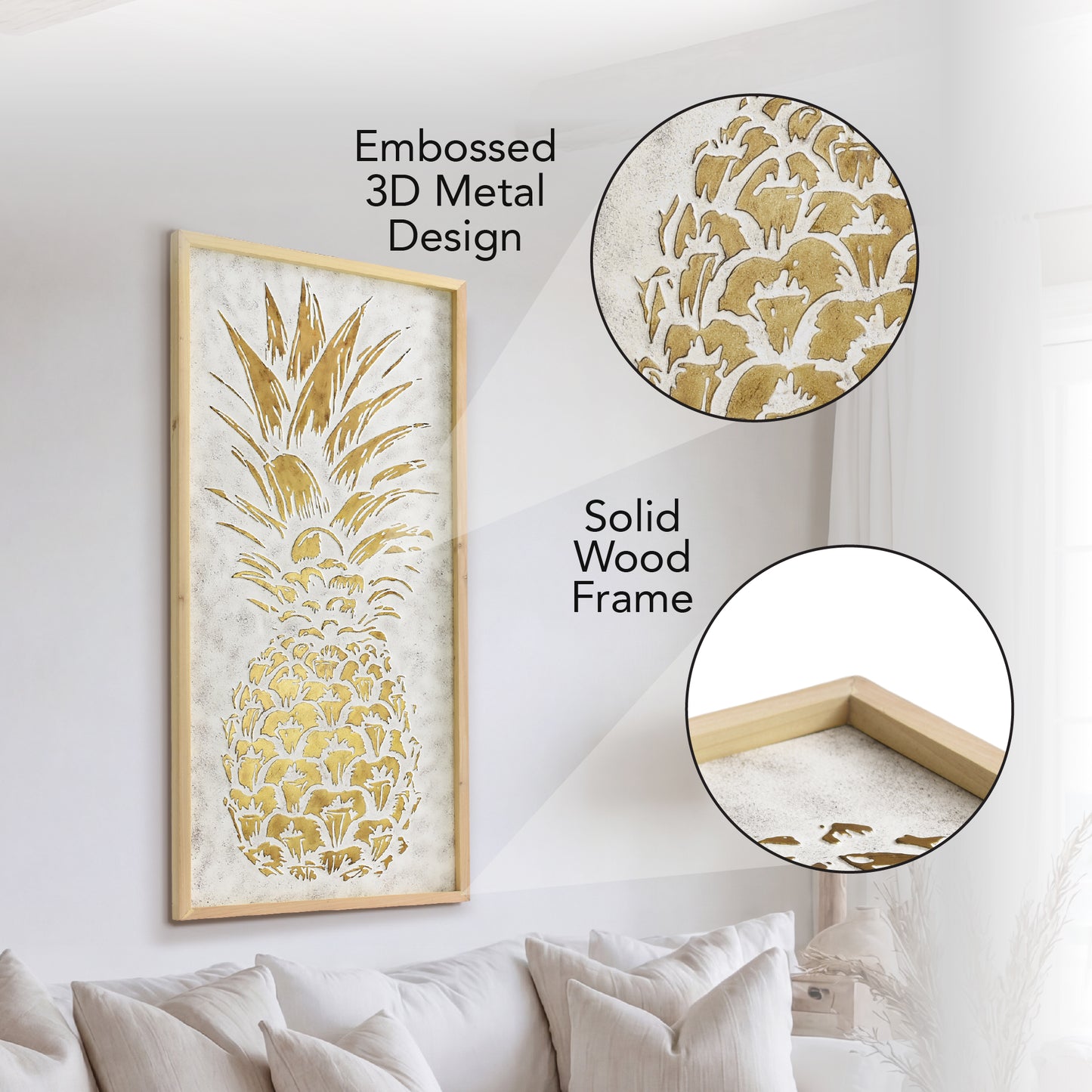 White and gold embossed pineapple wall art with 3D metal detailing in an antique white frame, styled as tropical coastal boho decor for living room, bathroom, bedroom, or beach house.