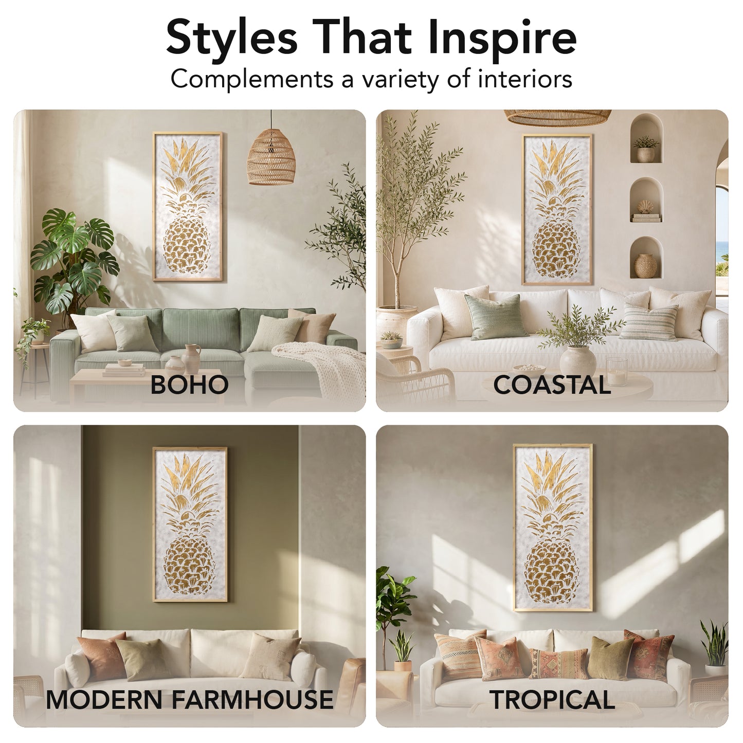 White and gold embossed pineapple wall art with 3D metal detailing in an antique white frame, styled as tropical coastal boho decor for living room, bathroom, bedroom, or beach house.