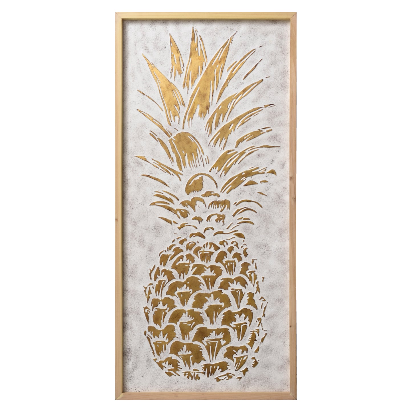 White and gold embossed pineapple wall art with 3D metal detailing in an antique white frame, styled as tropical coastal boho decor for living room, bathroom, bedroom, or beach house.