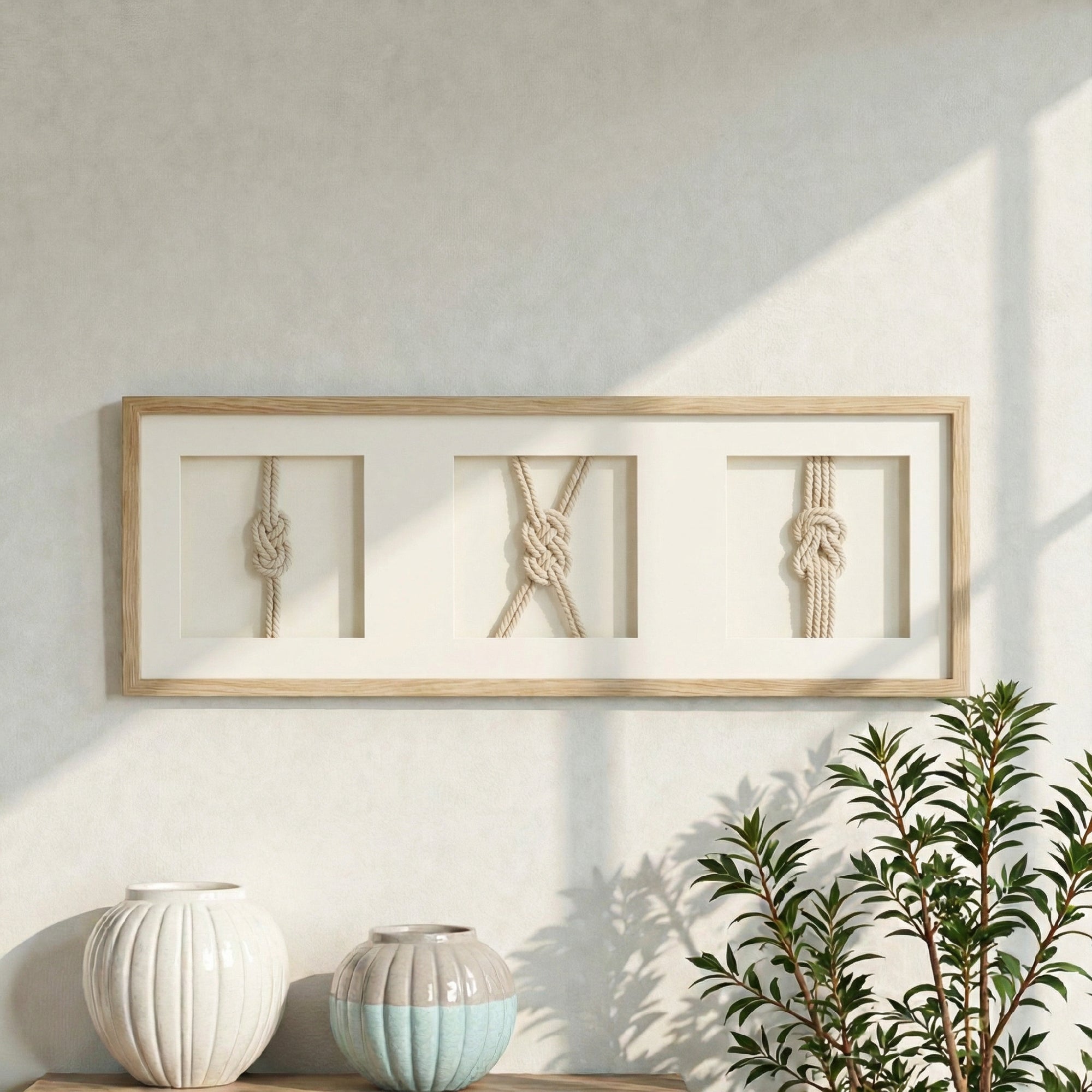 Framed Nautical Rope Wall Decor Cream Coastal Shadow Box Art