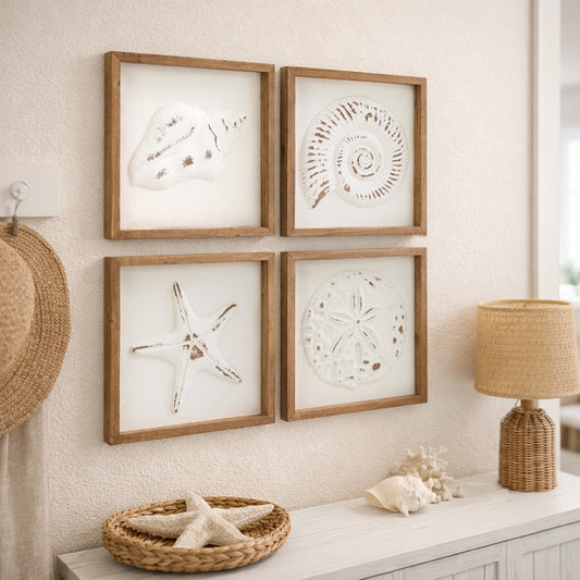 Framed seashell and starfish 3D coastal wall art set of 4, beach wall decor for bathroom or coastal bedroom, ocean inspired beach house wall decor with natural wood frames.