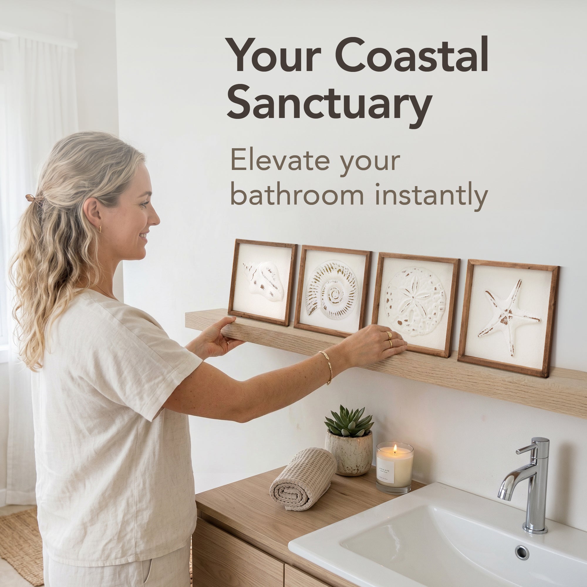 Framed seashell and starfish 3D coastal wall art set of 4, beach wall decor for bathroom or coastal bedroom, ocean inspired beach house wall decor with natural wood frames.