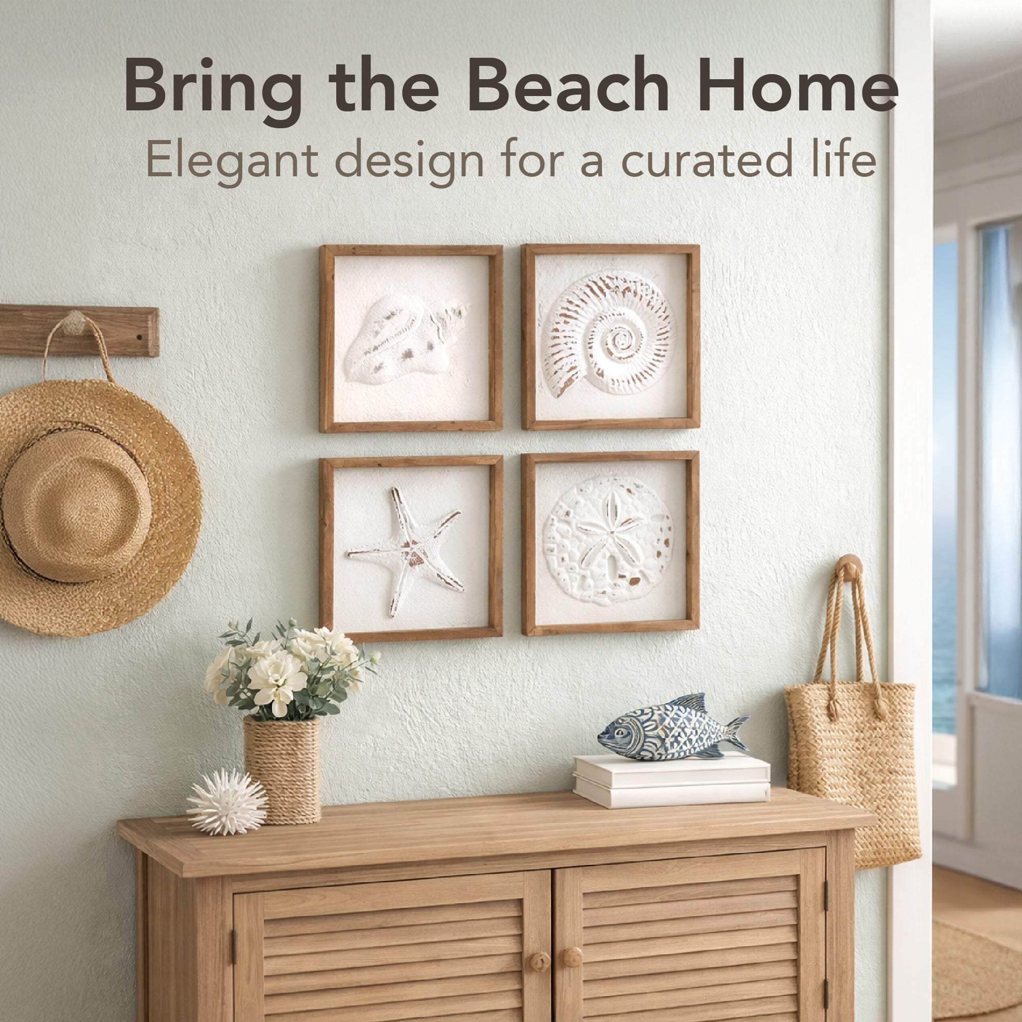 Framed seashell and starfish 3D coastal wall art set of 4, beach wall decor for bathroom or coastal bedroom, ocean inspired beach house wall decor with natural wood frames.