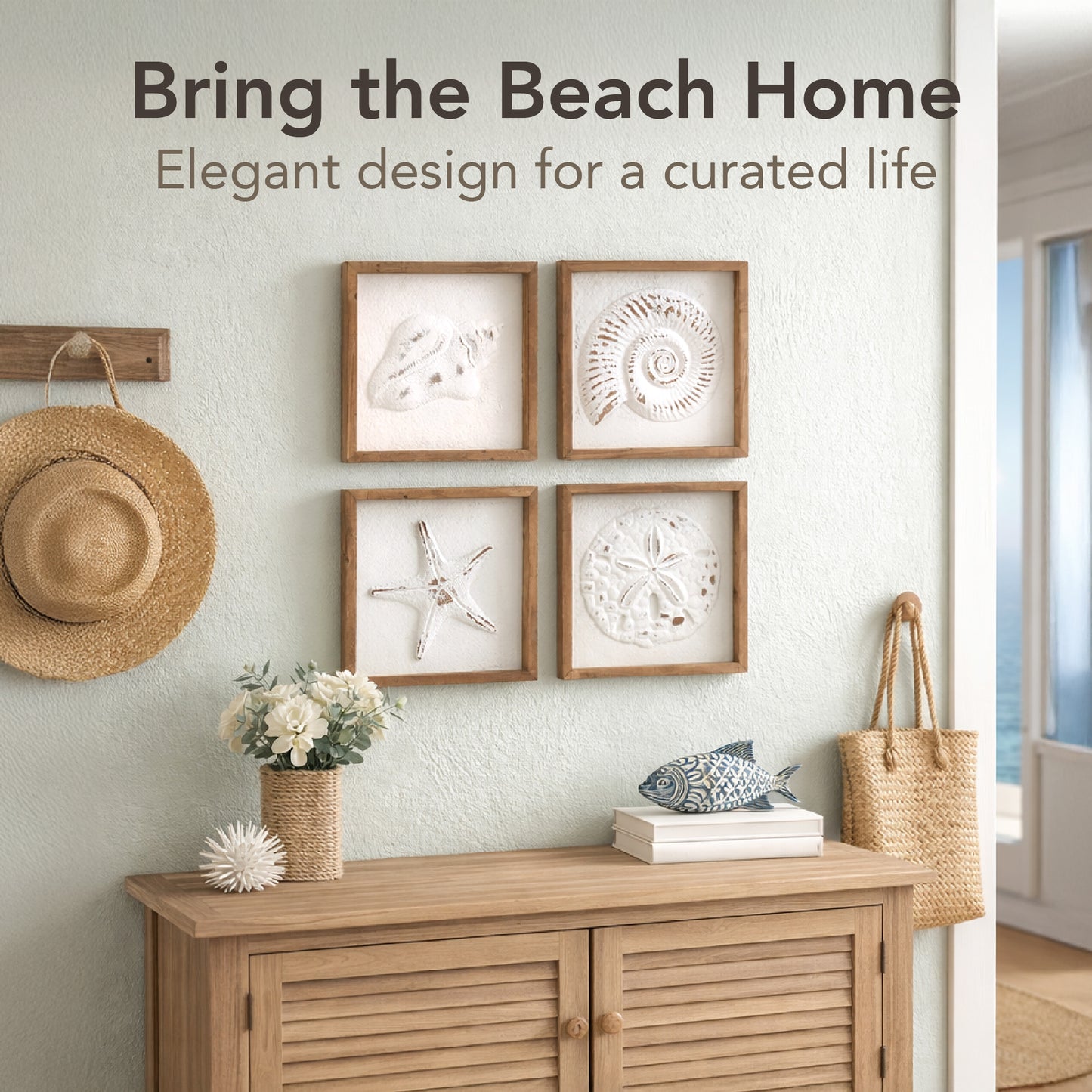 Framed seashell and starfish 3D coastal wall art set of 4, beach wall decor for bathroom or coastal bedroom, ocean inspired beach house wall decor with natural wood frames.