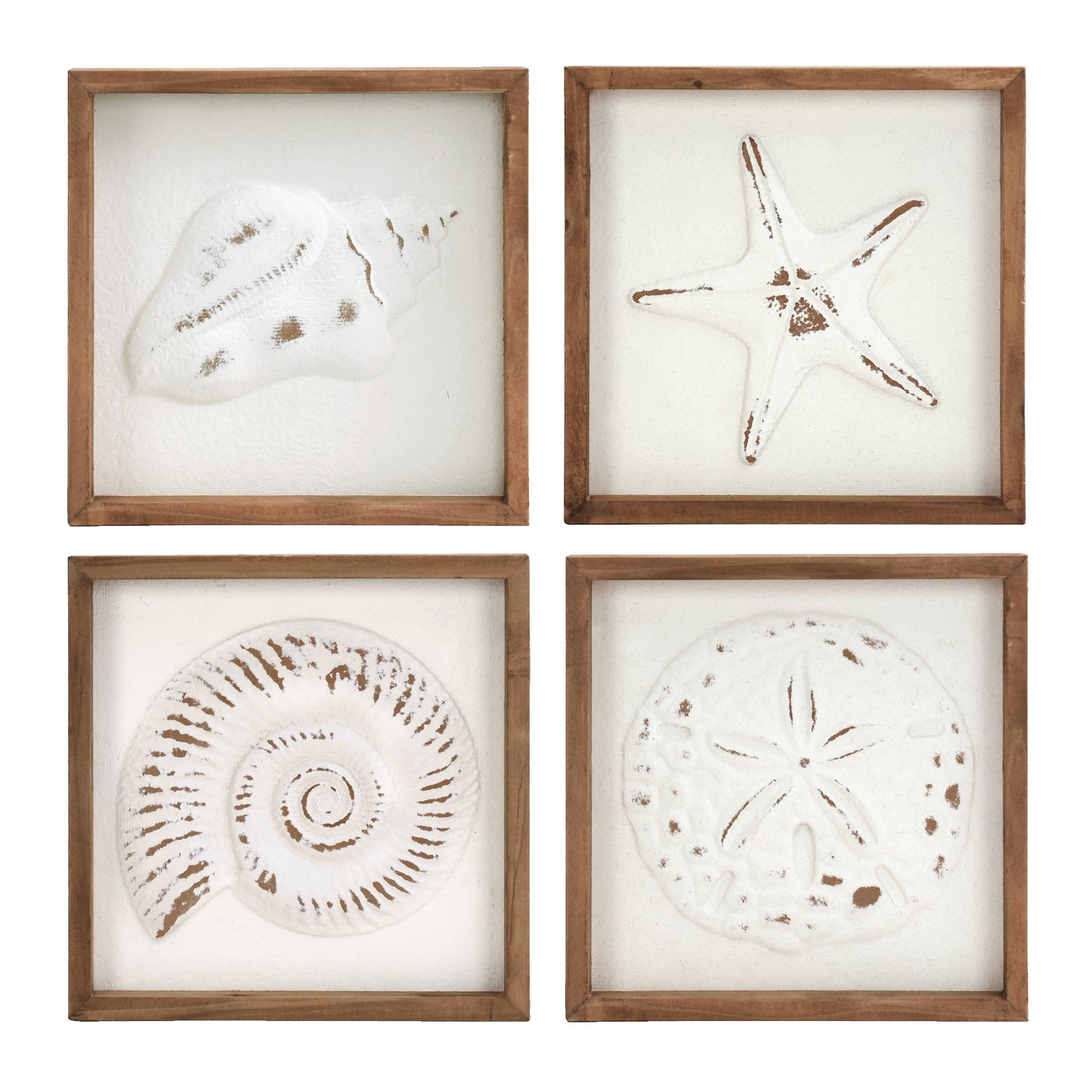 Framed seashell and starfish 3D coastal wall art set of 4, beach wall decor for bathroom or coastal bedroom, ocean inspired beach house wall decor with natural wood frames.