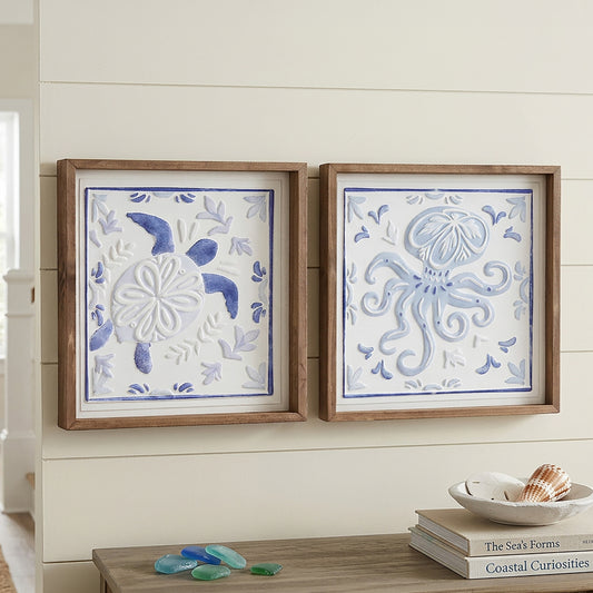 Framed coastal turtle and octopus wall art set featuring blue ocean tile style artwork with natural wood frames, nautical beach house wall decor for bathroom or coastal bedroom