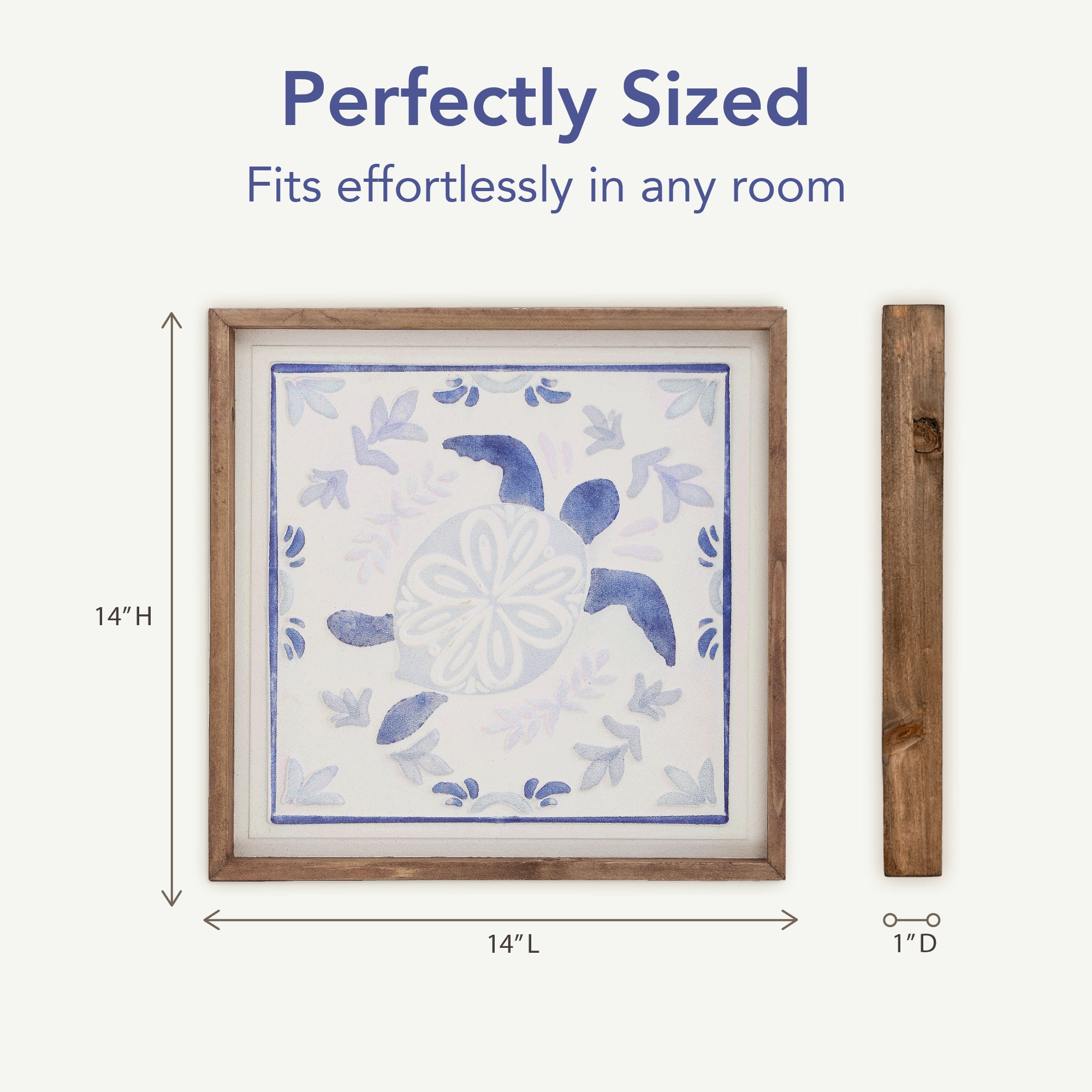 Framed coastal turtle and octopus wall art set featuring blue ocean tile style artwork with natural wood frames, nautical beach house wall decor for bathroom or coastal bedroom