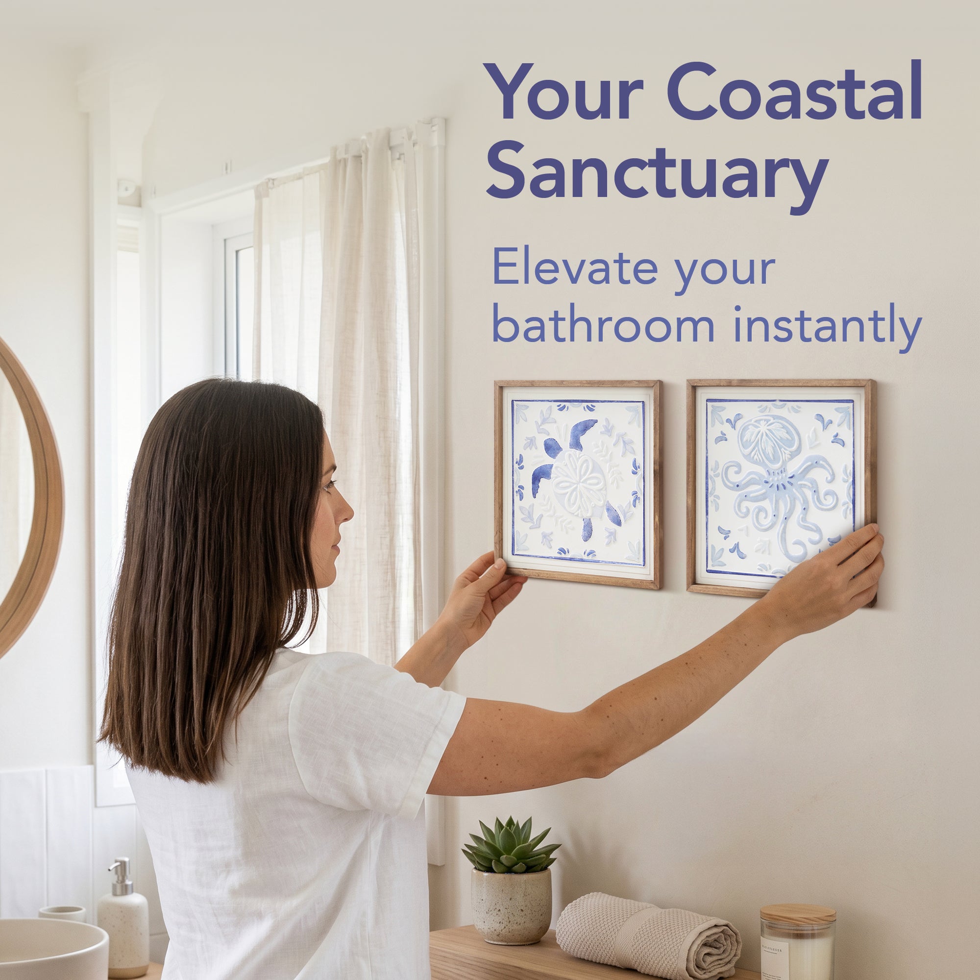 Framed coastal turtle and octopus wall art set featuring blue ocean tile style artwork with natural wood frames, nautical beach house wall decor for bathroom or coastal bedroom