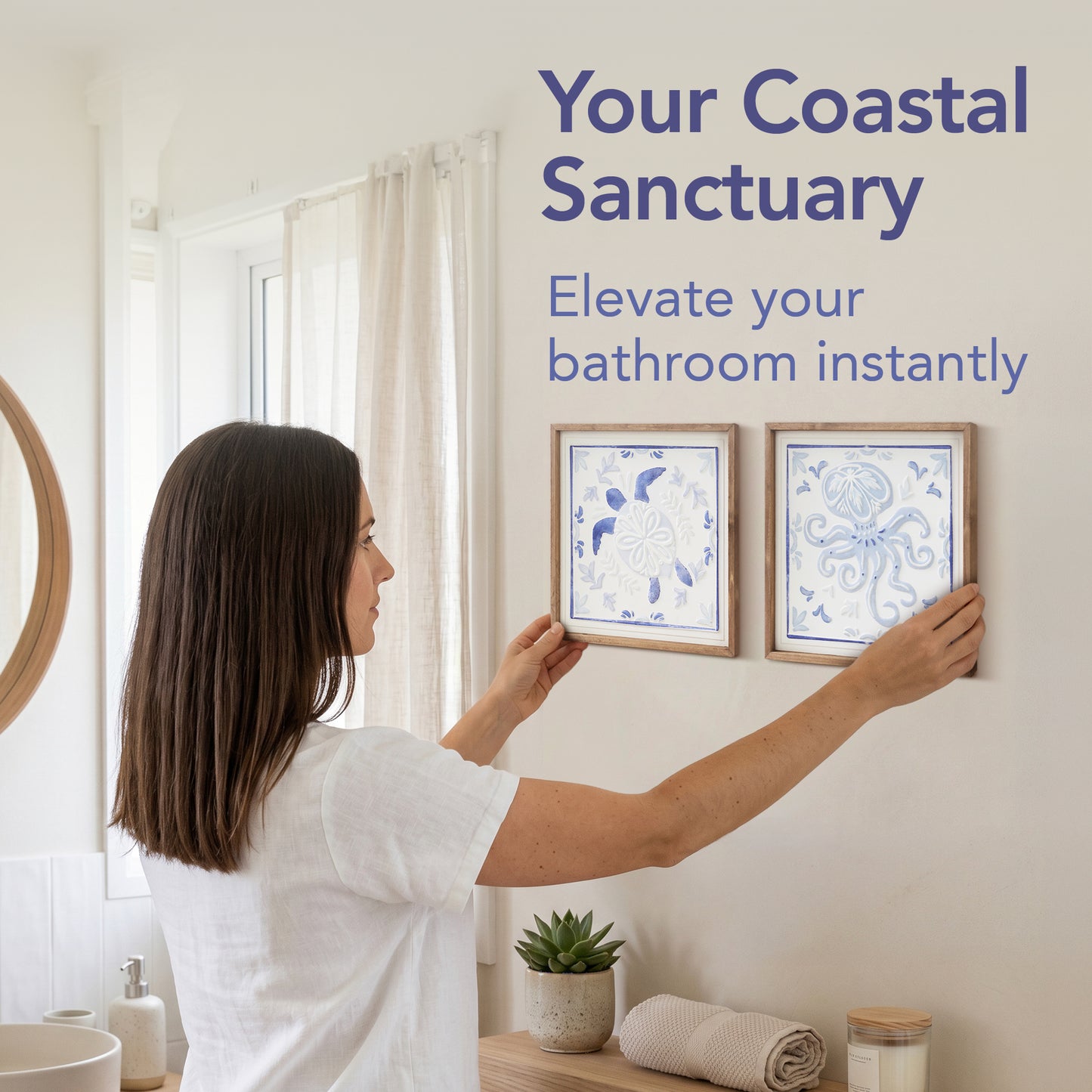 Framed coastal turtle and octopus wall art set featuring blue ocean tile style artwork with natural wood frames, nautical beach house wall decor for bathroom or coastal bedroom