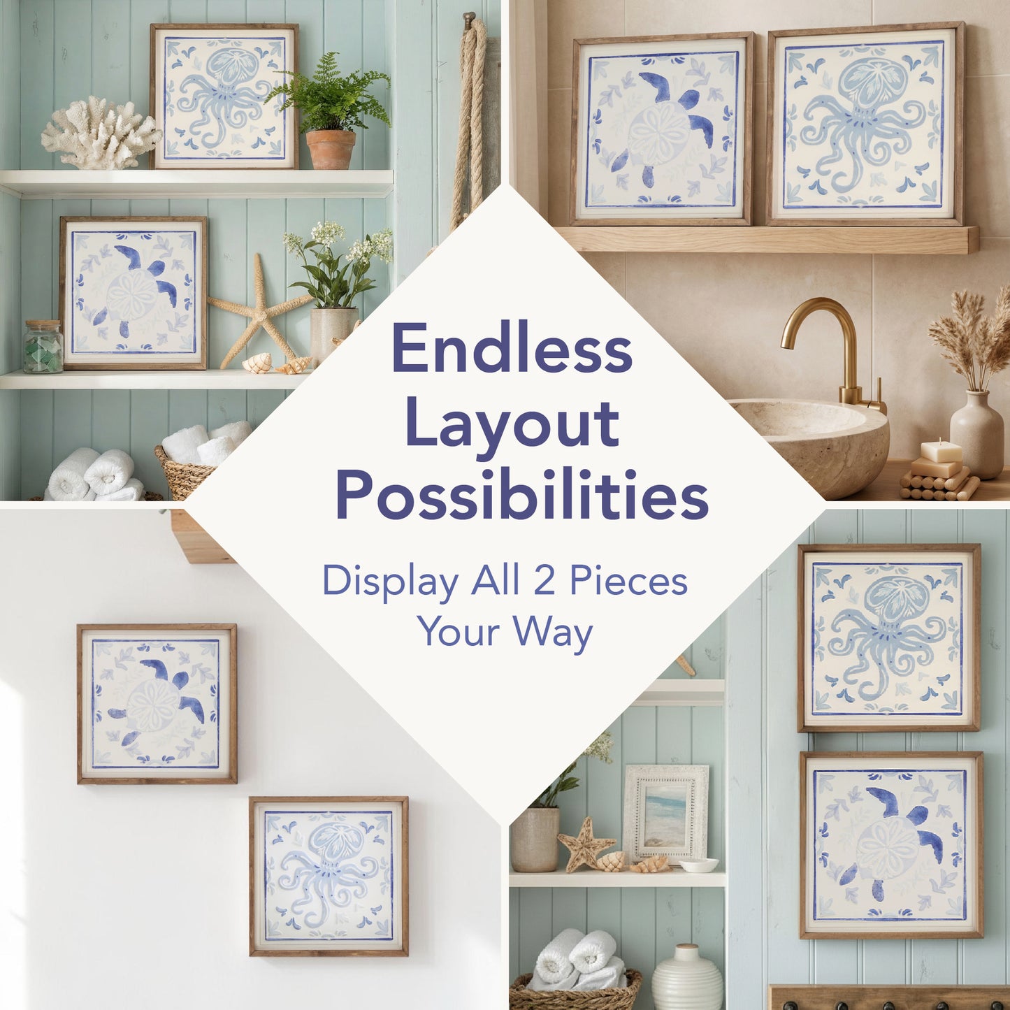 Framed coastal turtle and octopus wall art set featuring blue ocean tile style artwork with natural wood frames, nautical beach house wall decor for bathroom or coastal bedroom