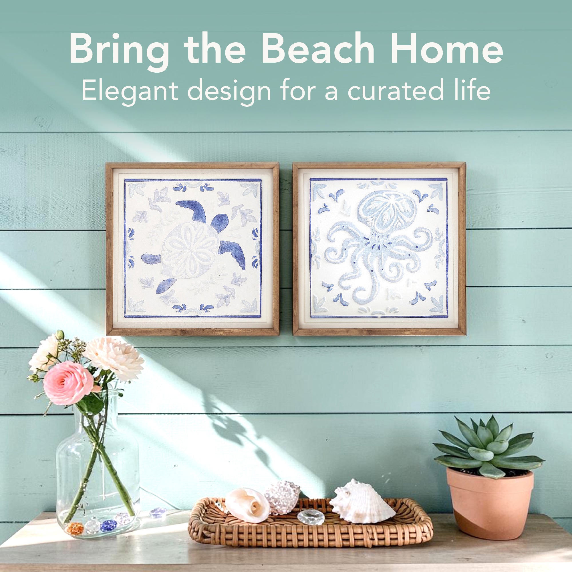 Framed coastal turtle and octopus wall art set featuring blue ocean tile style artwork with natural wood frames, nautical beach house wall decor for bathroom or coastal bedroom